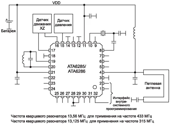 Схема включения микросхем ATA6285/ATA6286 в системе контроля внутришинного давления