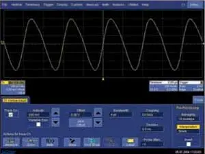 Интерполяция sin x/x, частота дискретизации — 5 МГц, входной сигнал — меандр с частотой 1 МГц