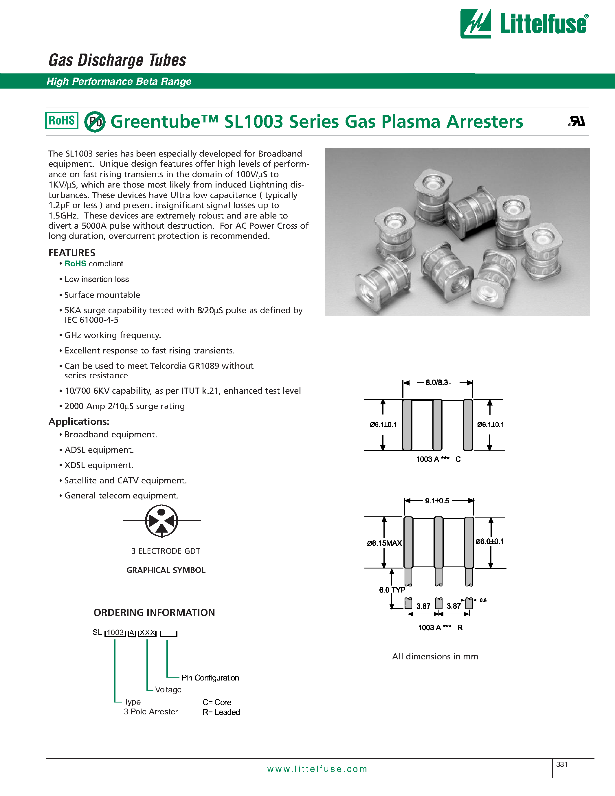 Datasheet SL1003A260 - Greentube SL1003 Series Gas Plasma Arresters page 1