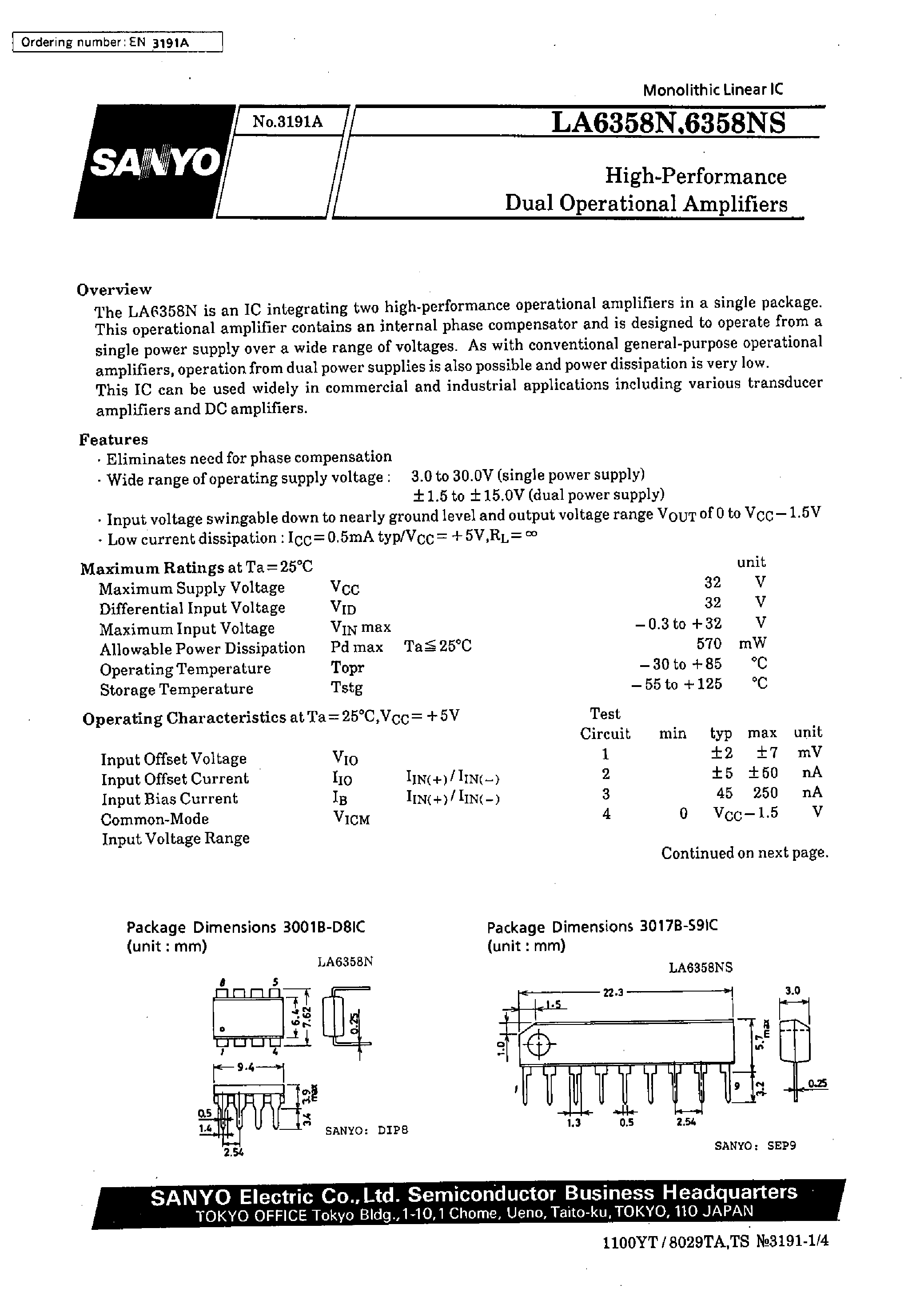 Datasheet LA6358NS - High-Performance Dual Operational Amplifiers page 1