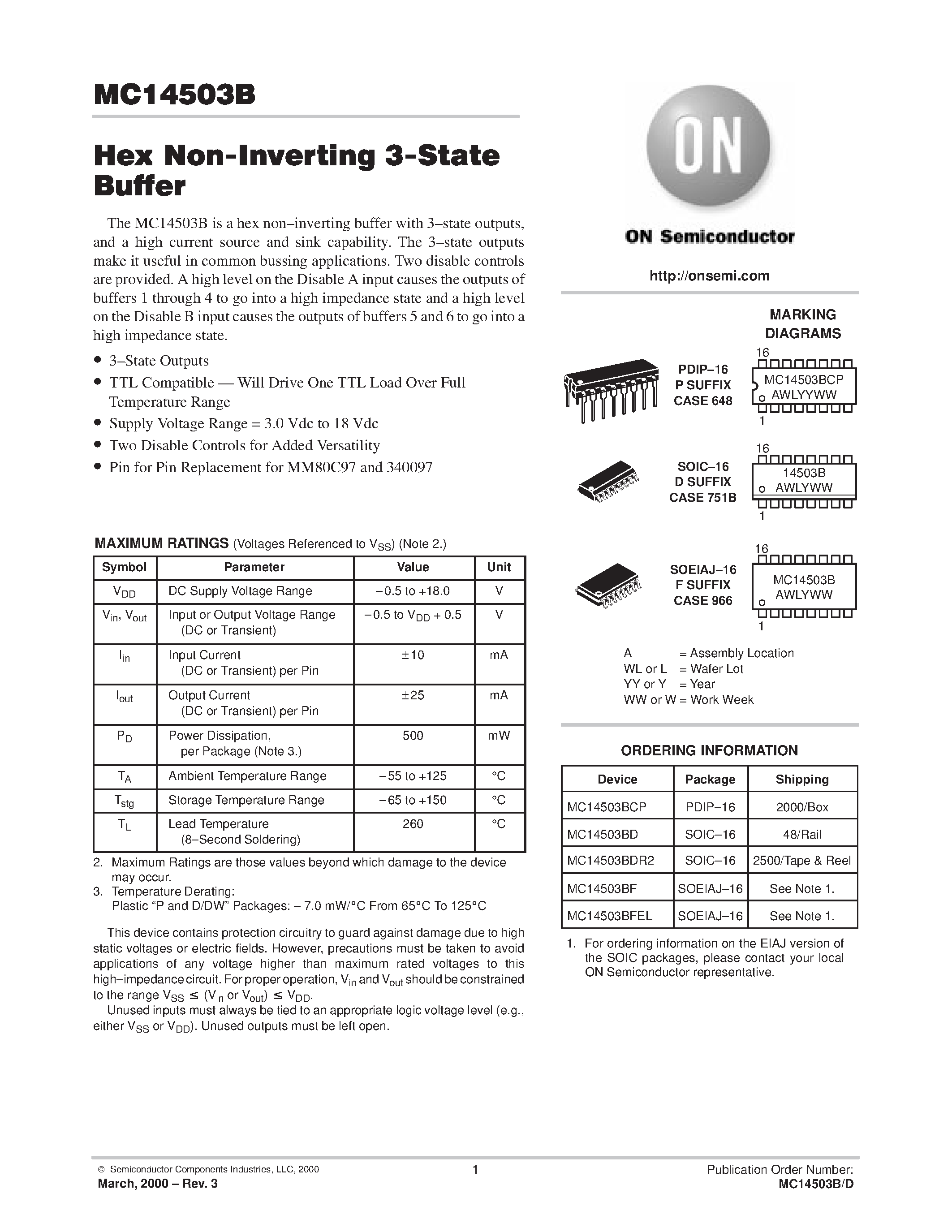 Datasheet MC14503B - Hex Non-Inverting 3-State Buffer page 1