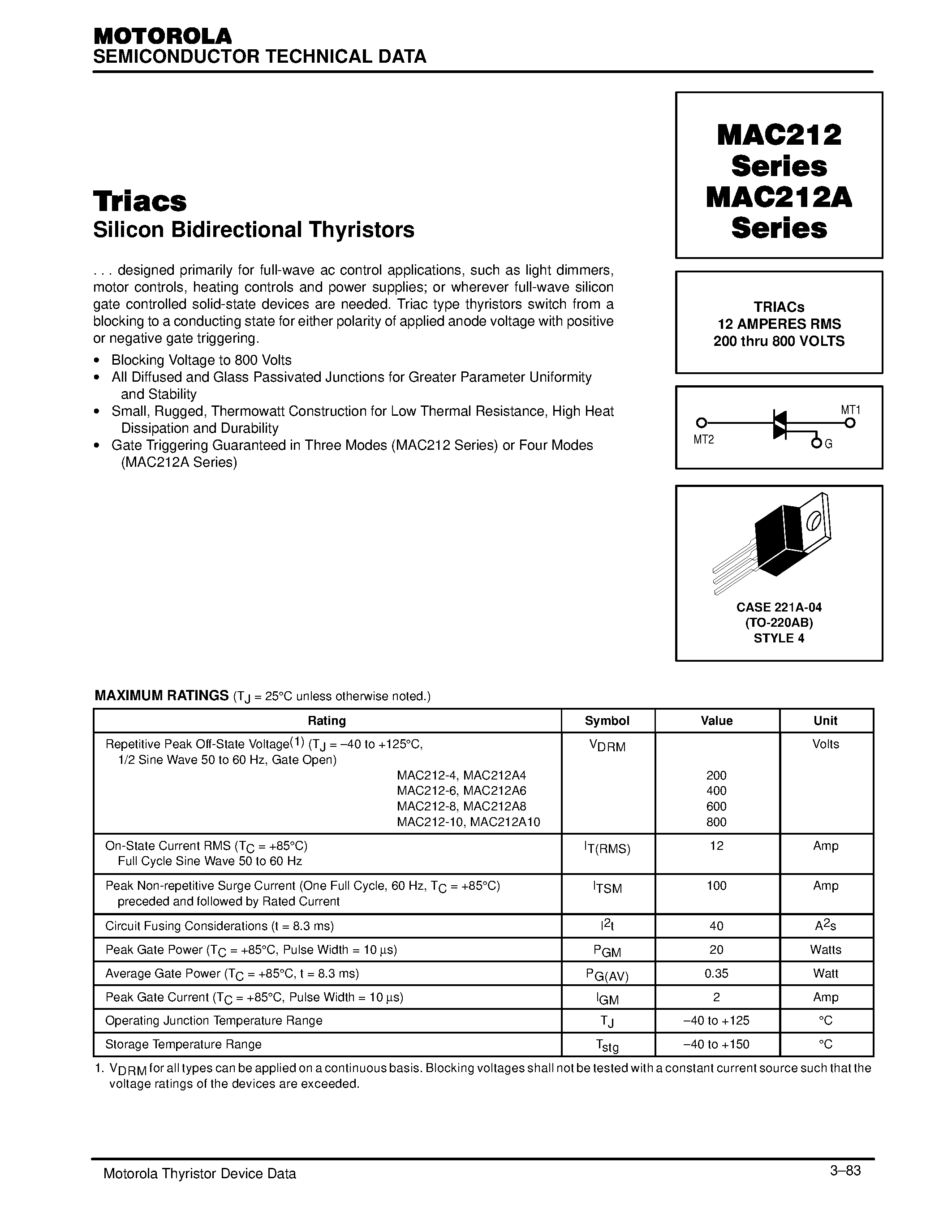 Datasheet MAC212A10 - TRIACs 12 AMPERES RMS 200 thru 800 VOLTS page 1