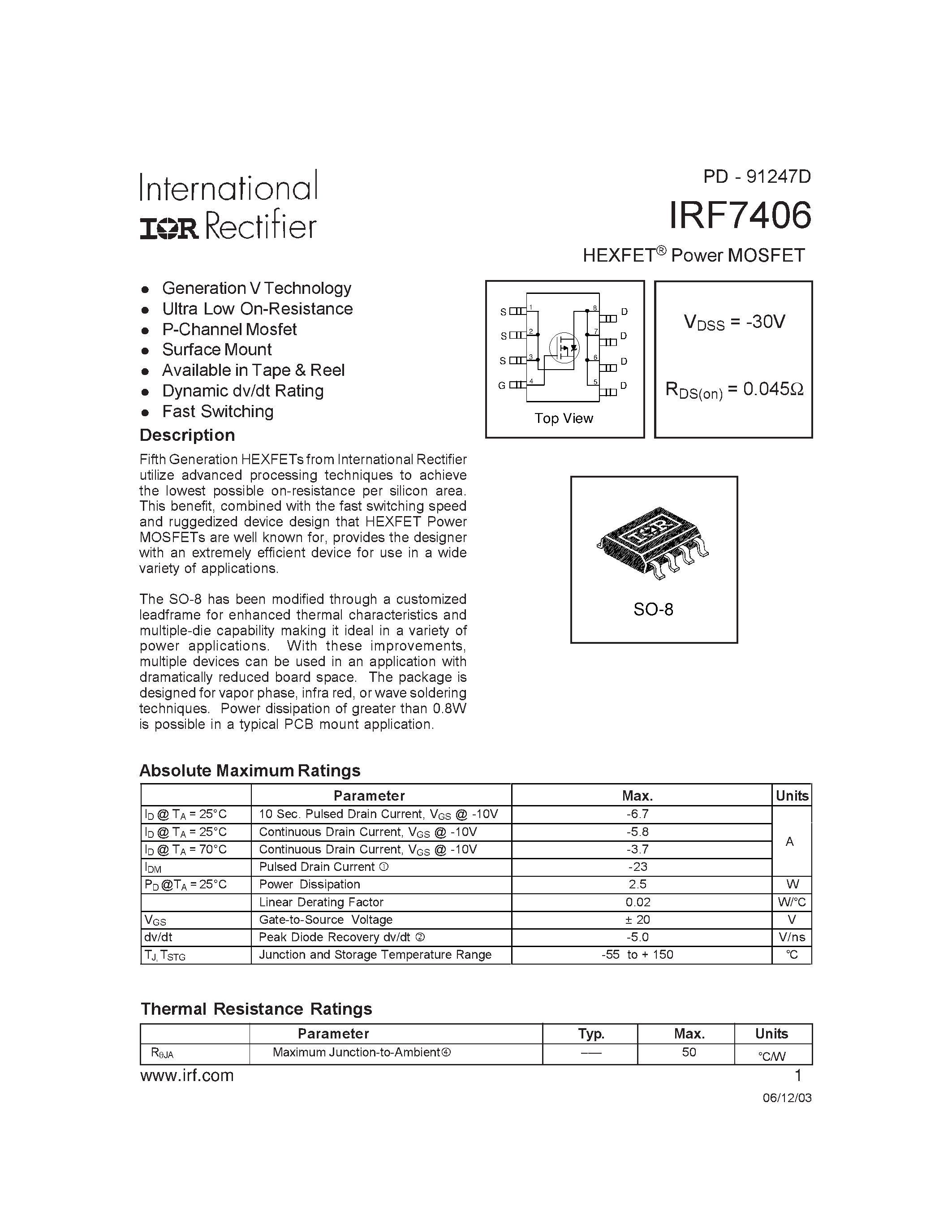 Datasheet IRF7406 - HEXFET POWER MOSFET page 1