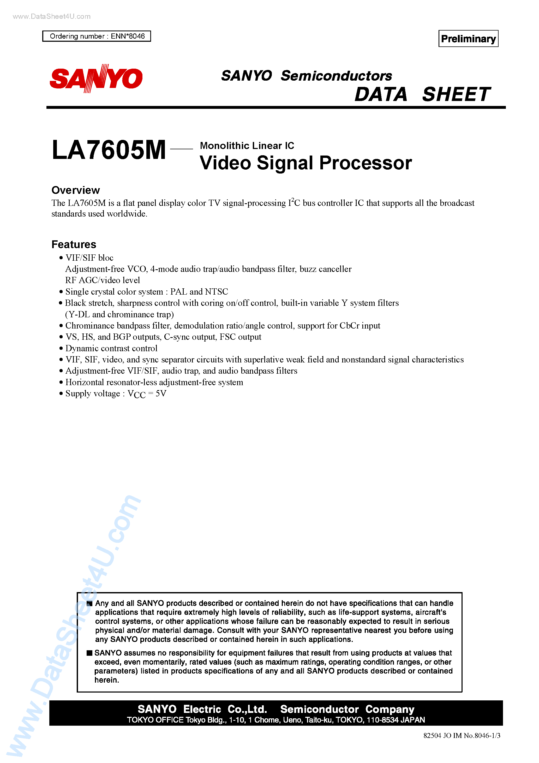 Datasheet LA7605M - Video Signal Processor page 1