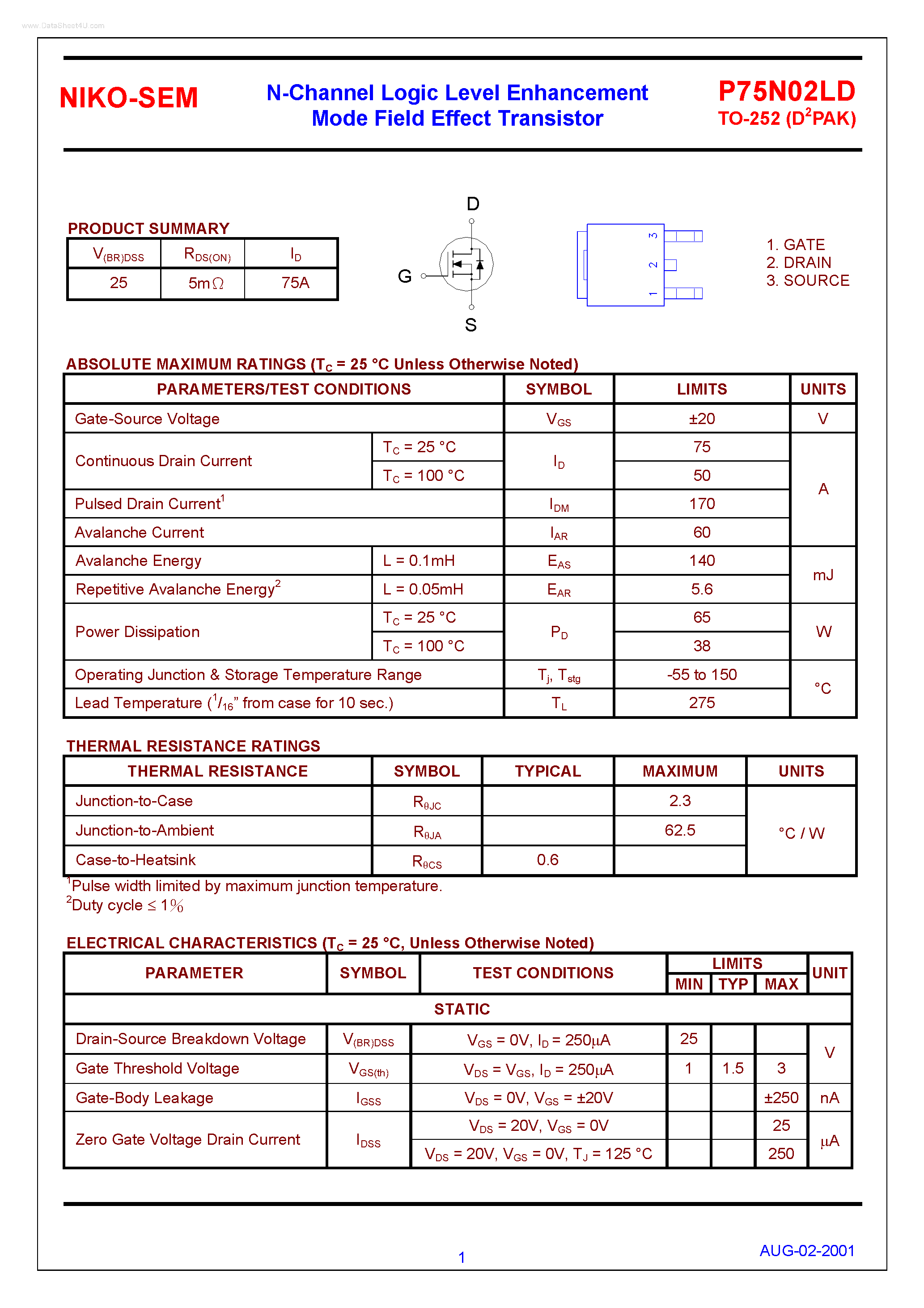 Datasheet P75N02LD - N-Channel Logic Level Enhancement Mode Field Effect Transistor page 1