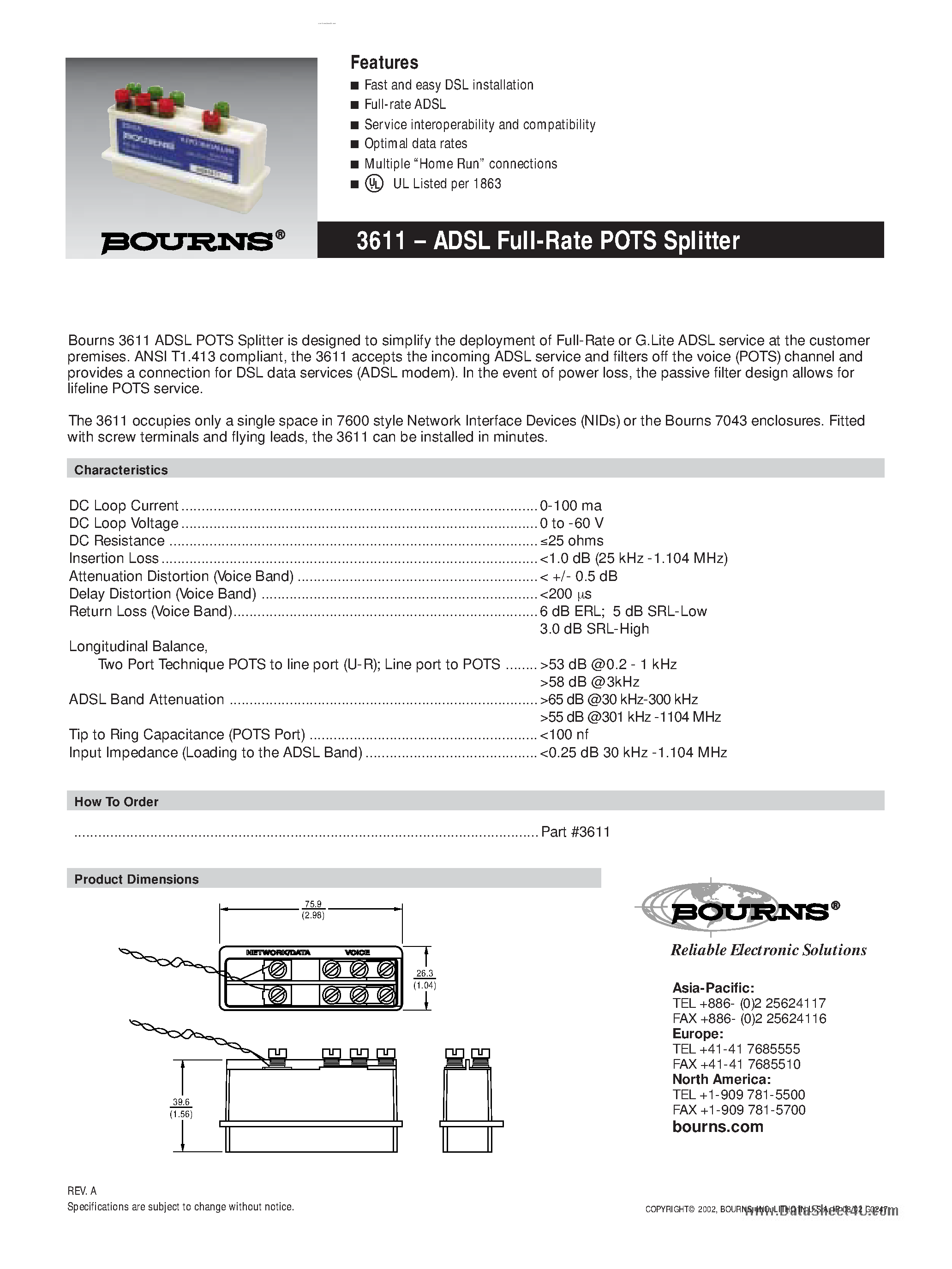 Datasheet 3611 - ADSL Full-Rate POTS Splitter page 1