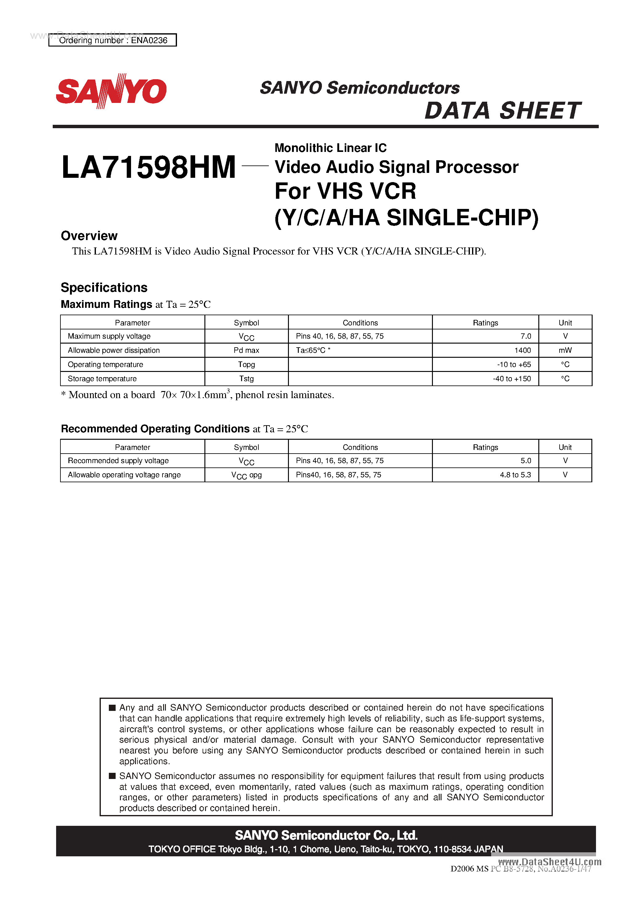 Datasheet LA71598HM - Video Audio Signal Processor page 1