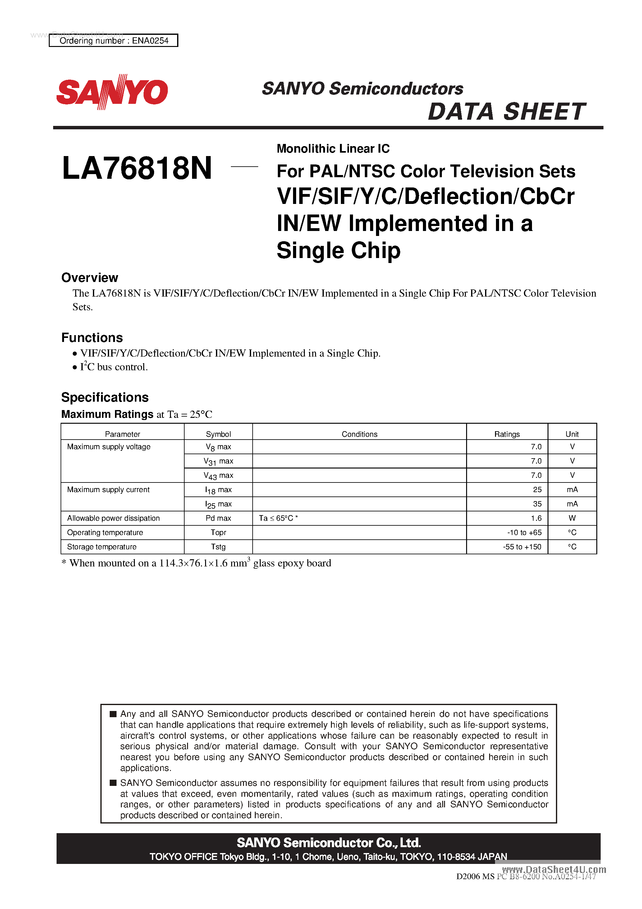 Datasheet LA76818N - VIF/SIF/Y/C/Deflection/CbCr IN/EW Implemented in a Single Chip page 1