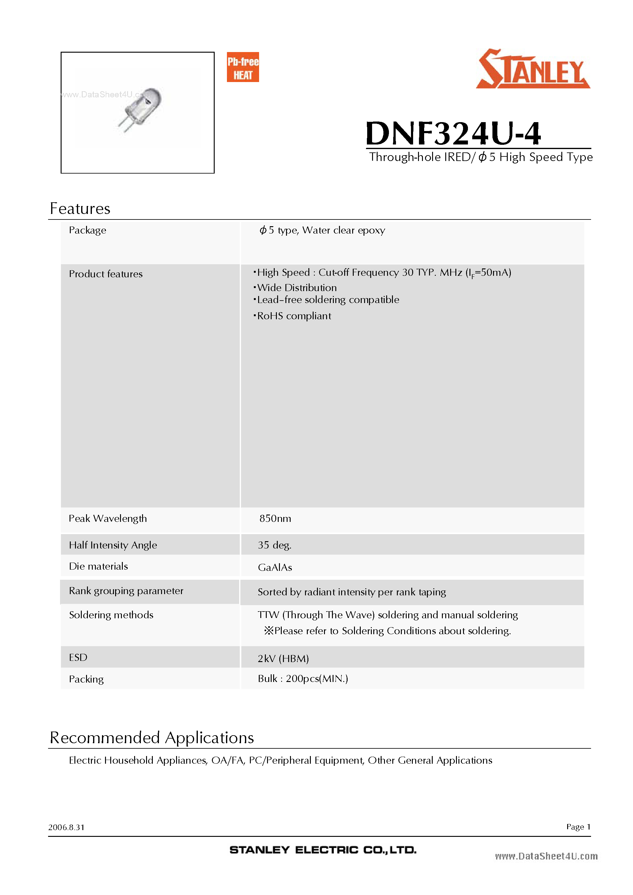 Datasheet DNF324U-4 - Through-hole IRED page 1
