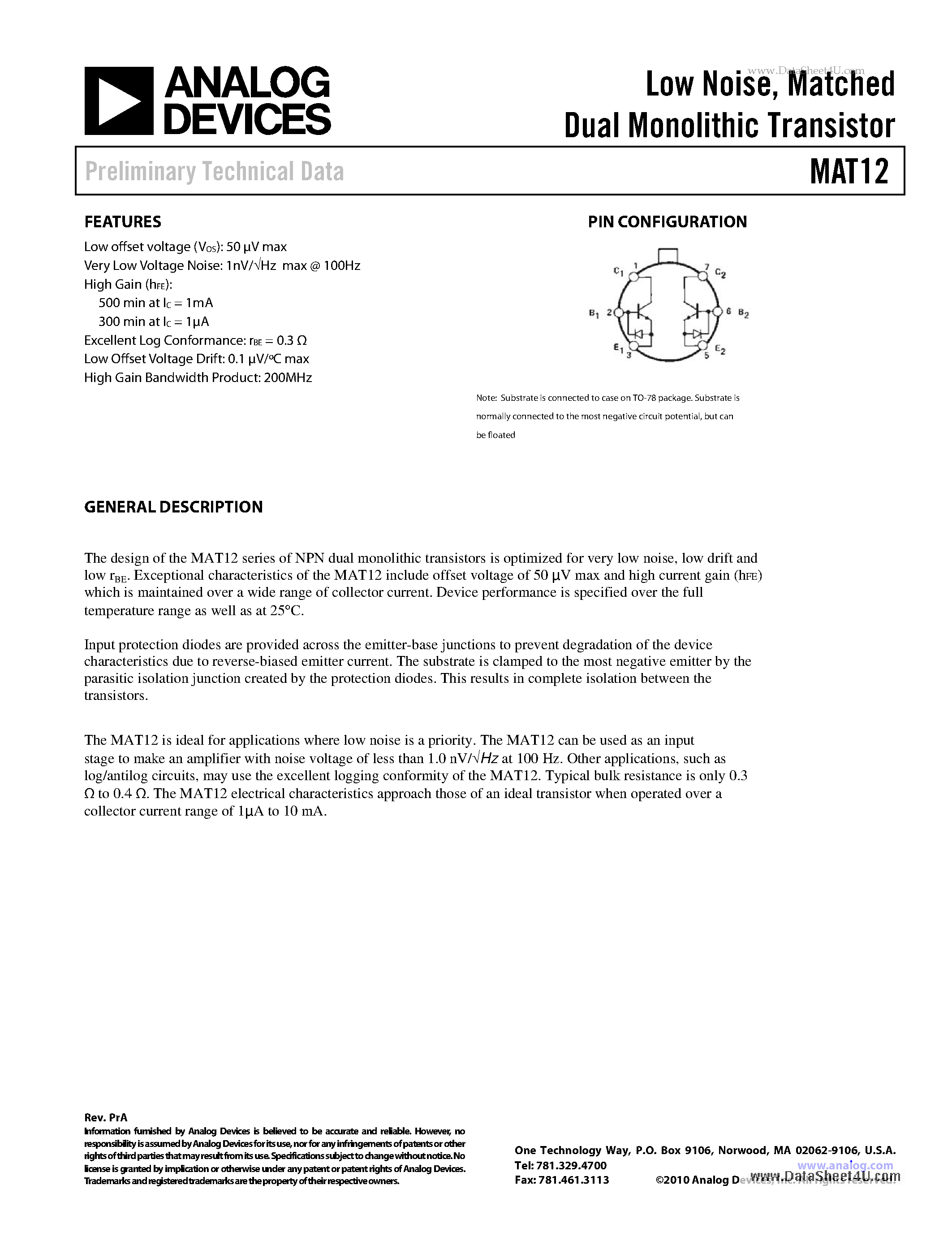 Datasheet MAT12 - Matched Dual Monolithic Transistor page 1
