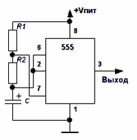 Схема генератора на NE555 с формулой для расчёта частоты