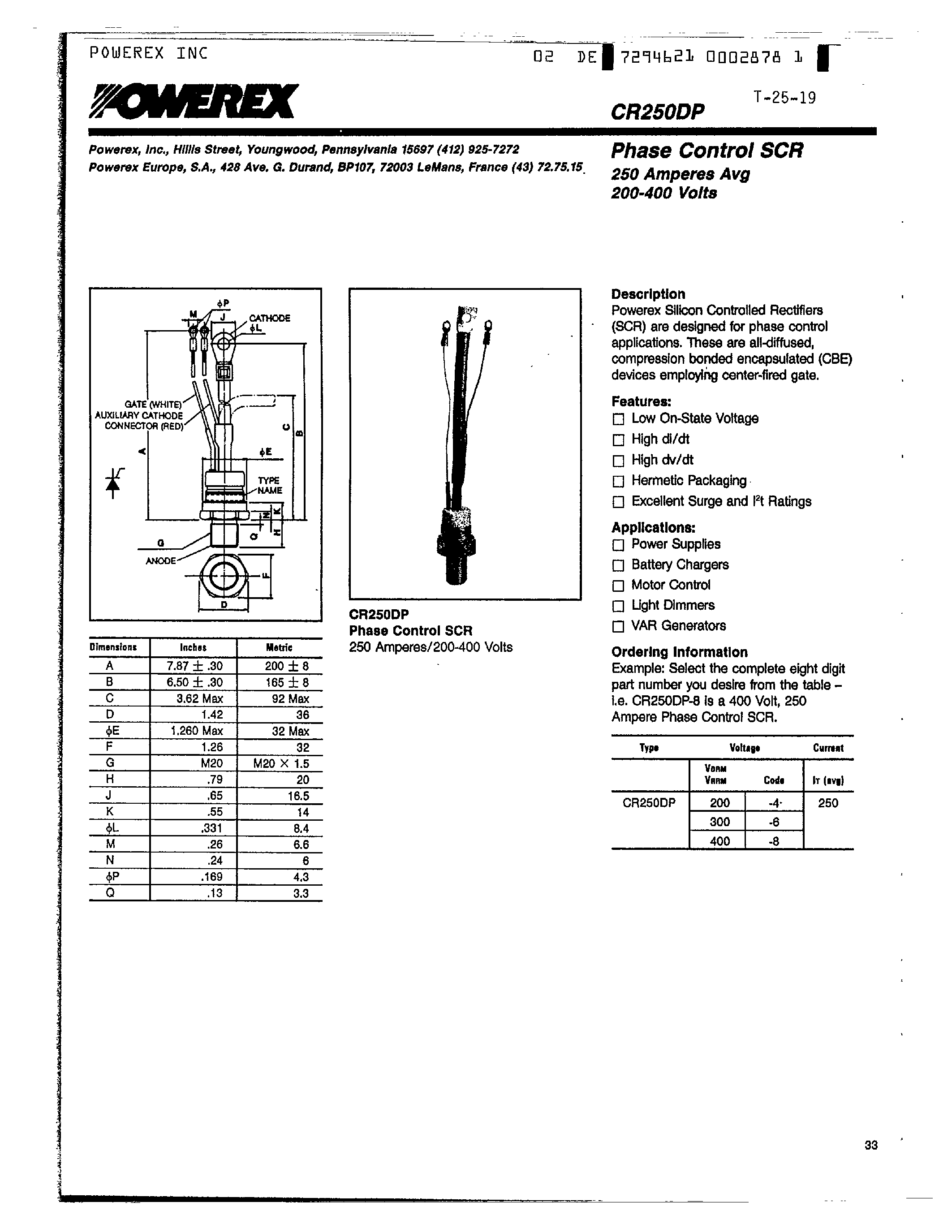 Даташит CR250DP-4 - Phase Control SCR 250 Amperes Avg 200-400 Volts страница 1