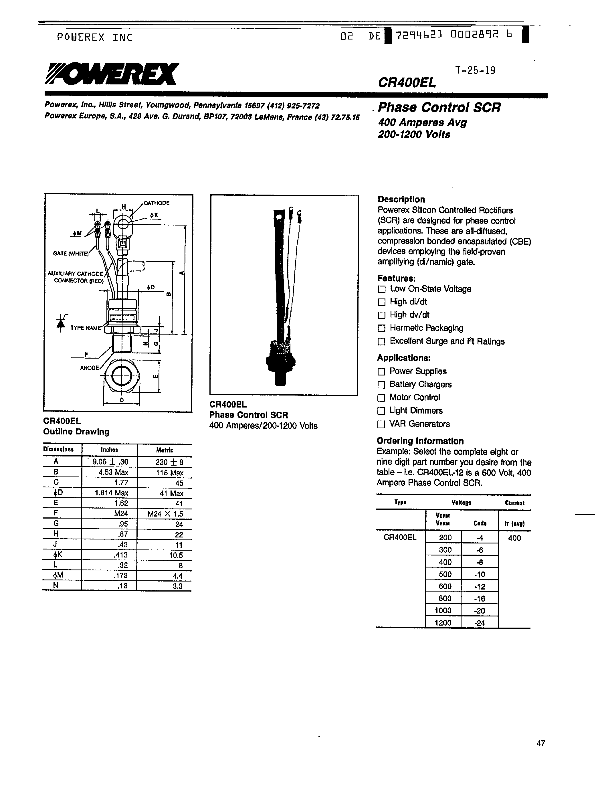 Даташит CR400EL-6 - Phase Control SCR 400 Amperes Avg 200-1200 Volts страница 1