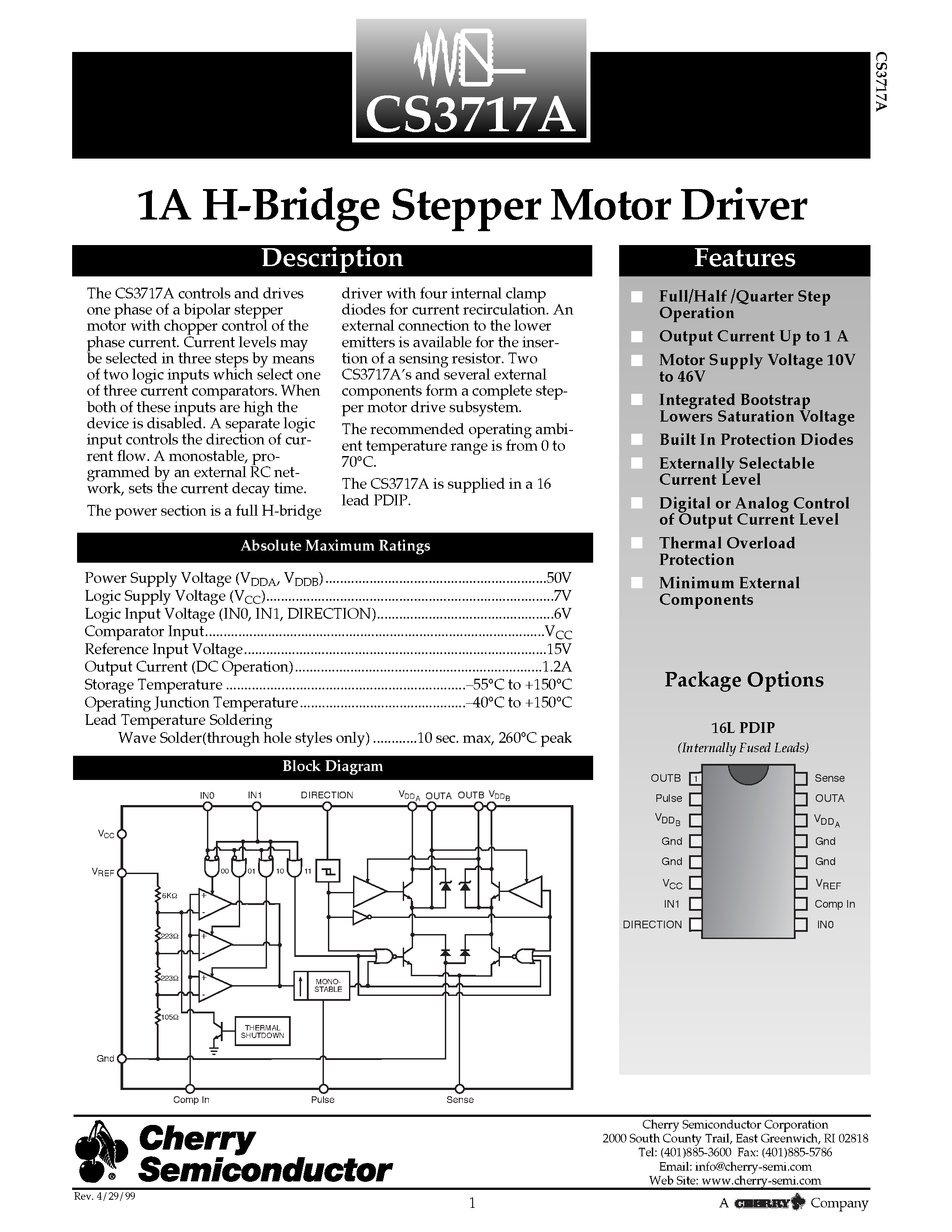 Даташит CS3717A - 1A H-Bridge Stepper Motor Driver страница 1