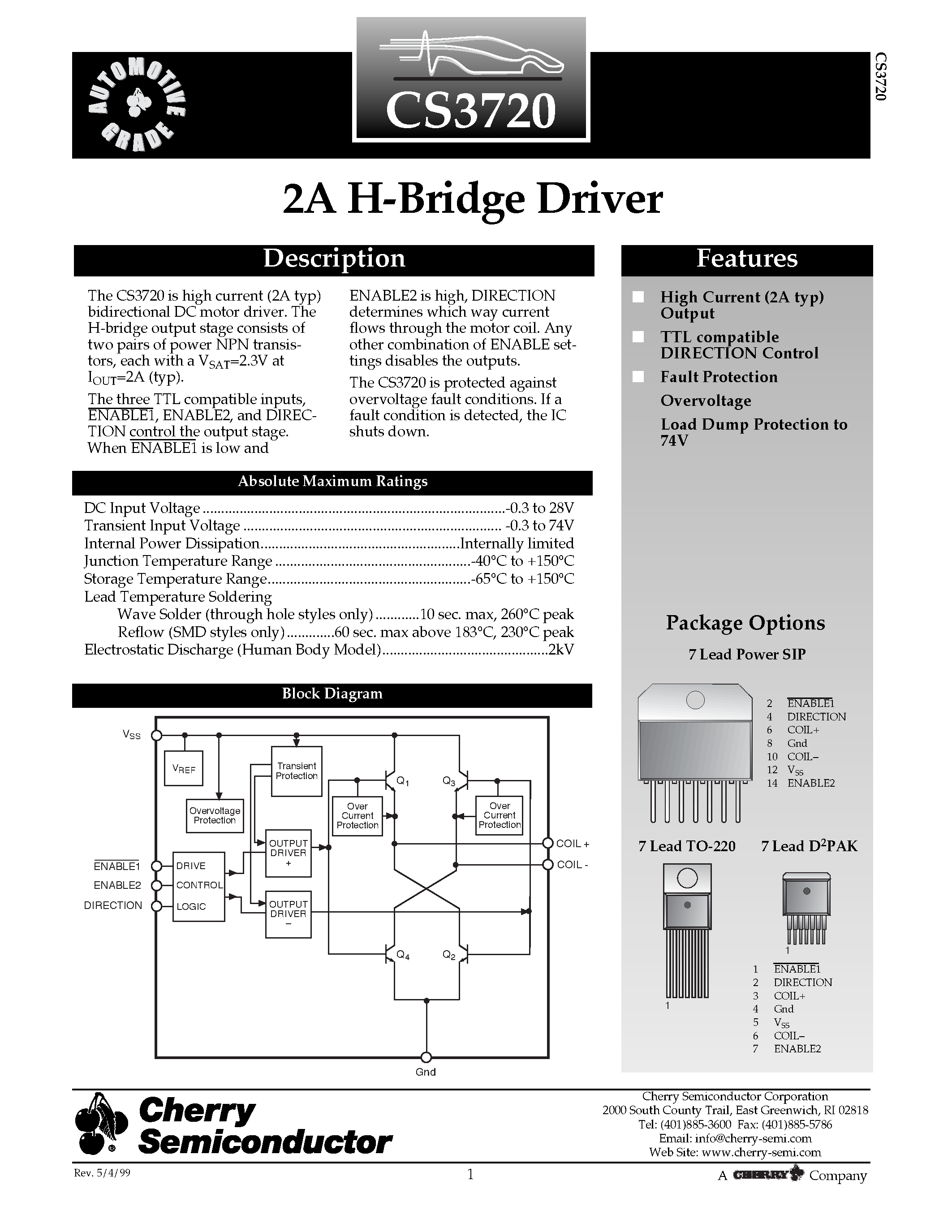 Даташит CS3720 - 2A H-Bridge Driver страница 1