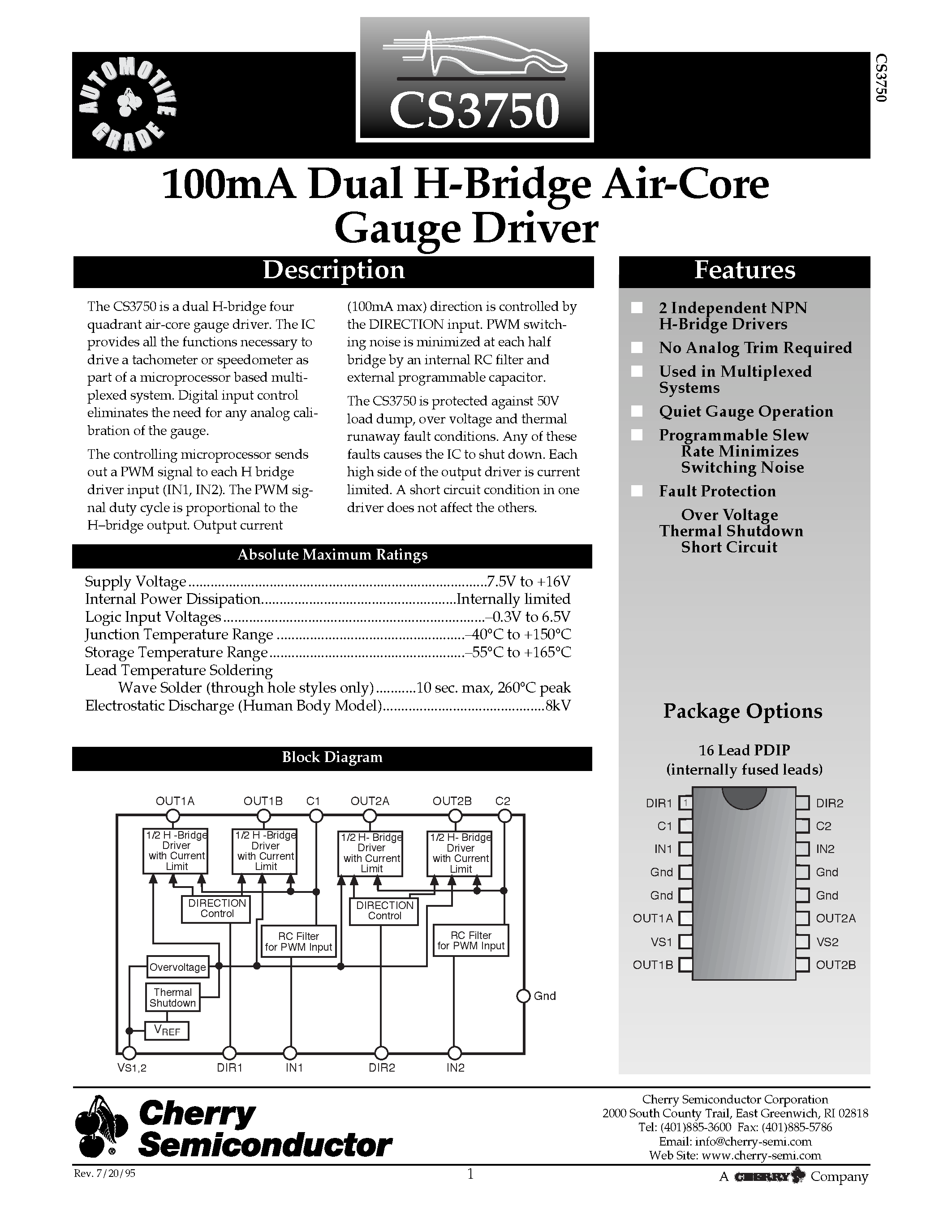 Даташит CS3750 - 100mA Dual H-Bridge Air-Core Gauge Driver страница 1