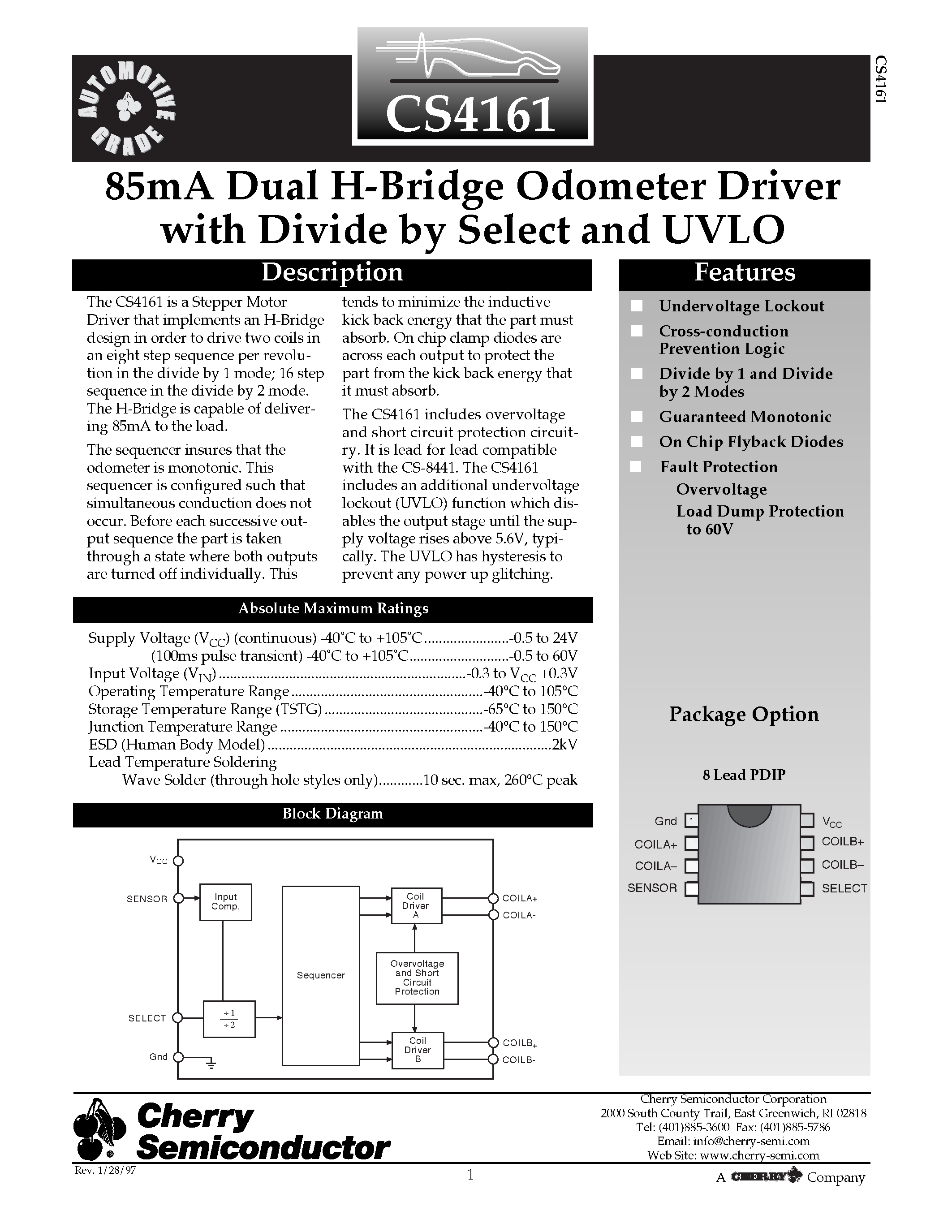 Даташит CS4161 - 85mA Dual H-Bridge Odometer Driver with Divide by Select and UVLO страница 1