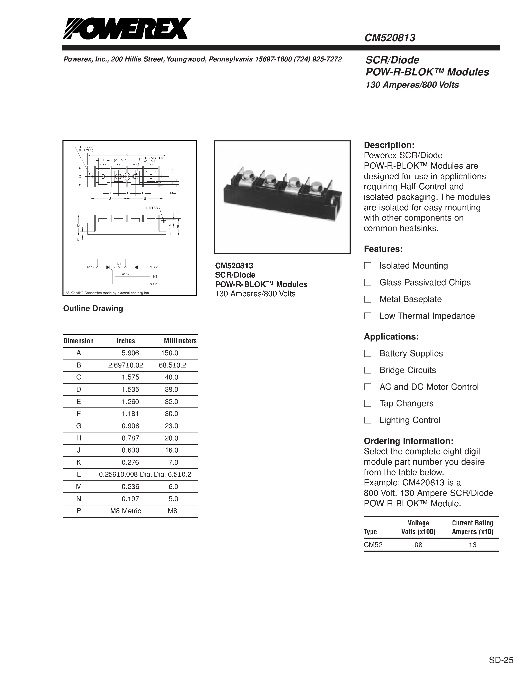 Даташит CM520813 - SCR/Diode POW-R-BLOK Modules 130 Amperes/800 Volts страница 1