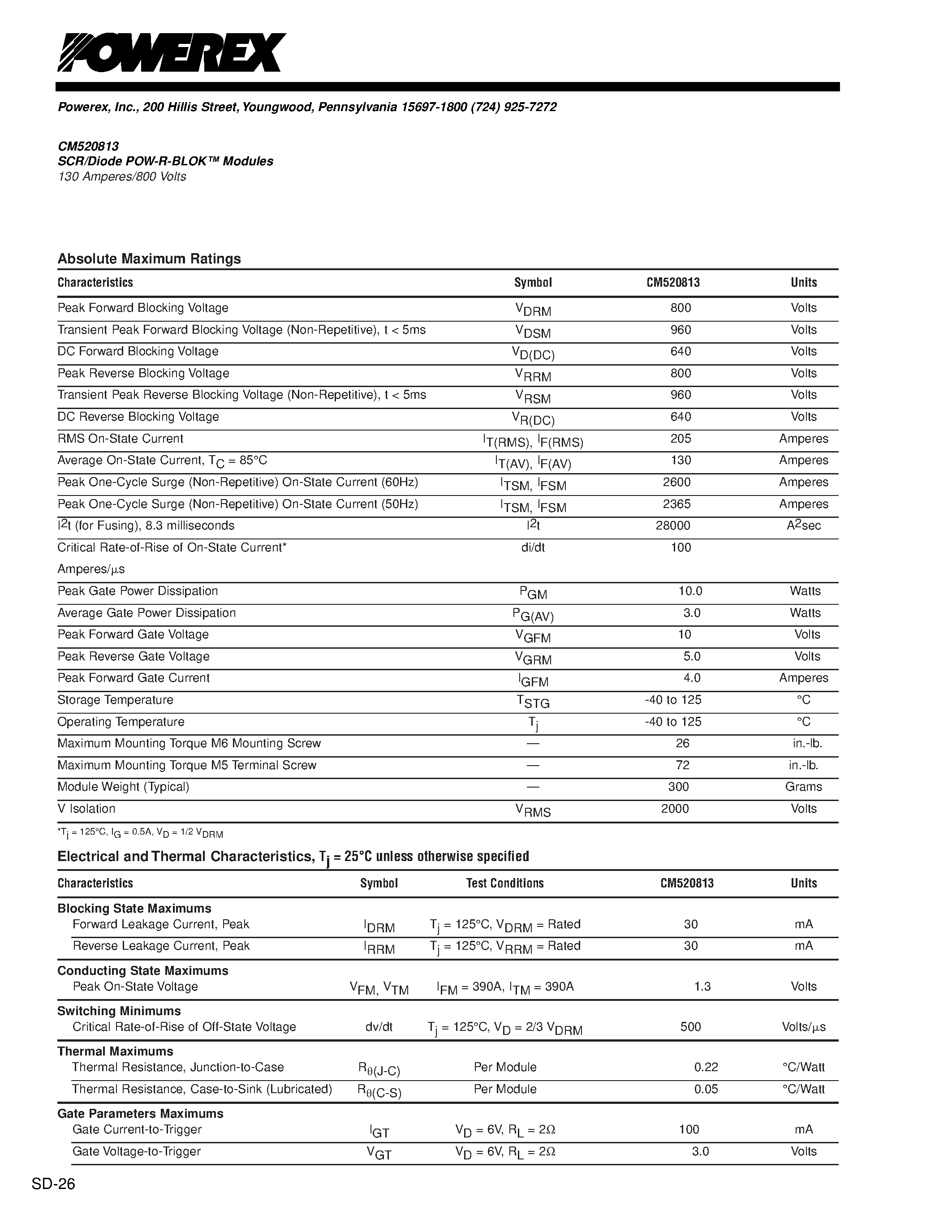 Даташит CM520813 - SCR/Diode POW-R-BLOK Modules 130 Amperes/800 Volts страница 2