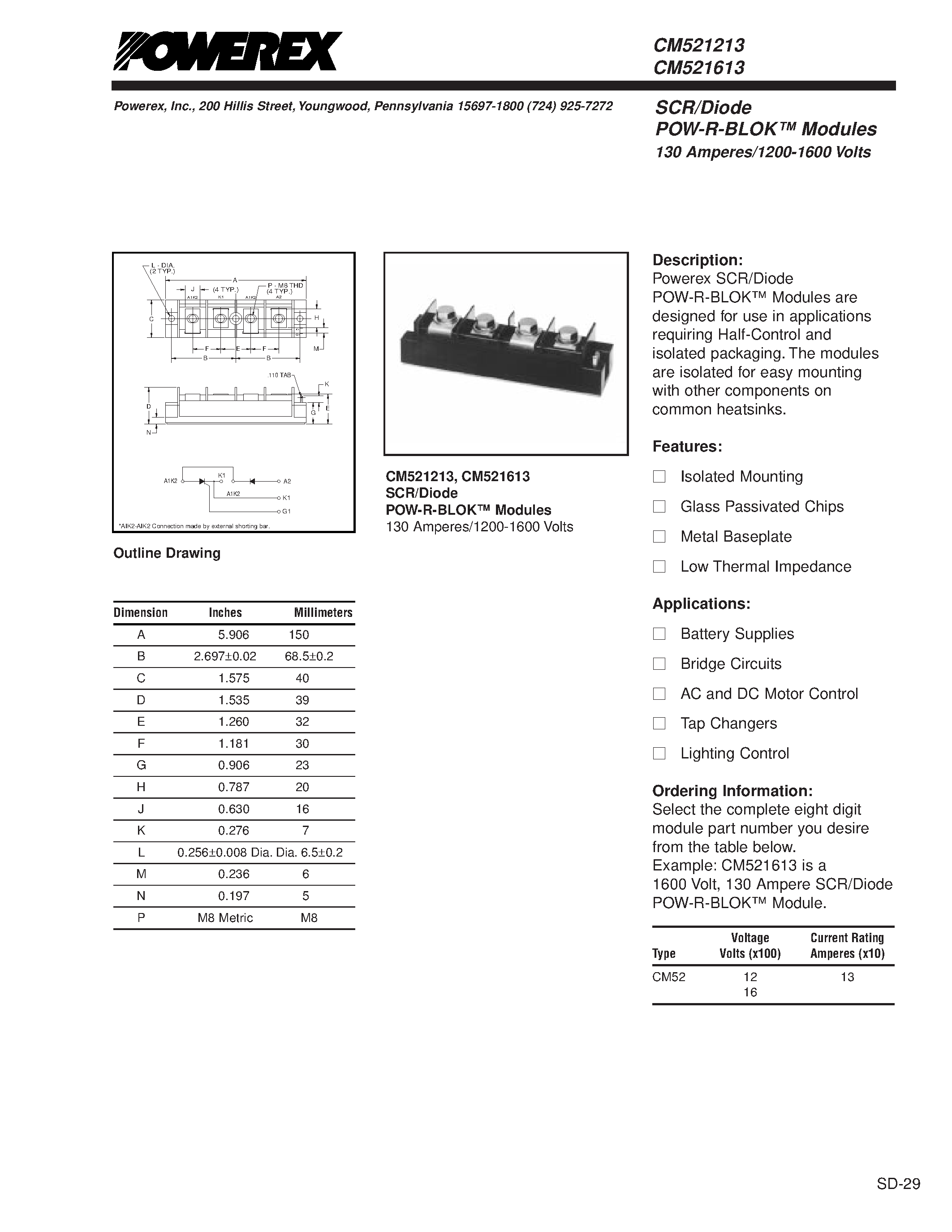 Даташит CM521213 - SCR/Diode POW-R-BLOK Modules 130 Amperes/1200-1600 Volts страница 1