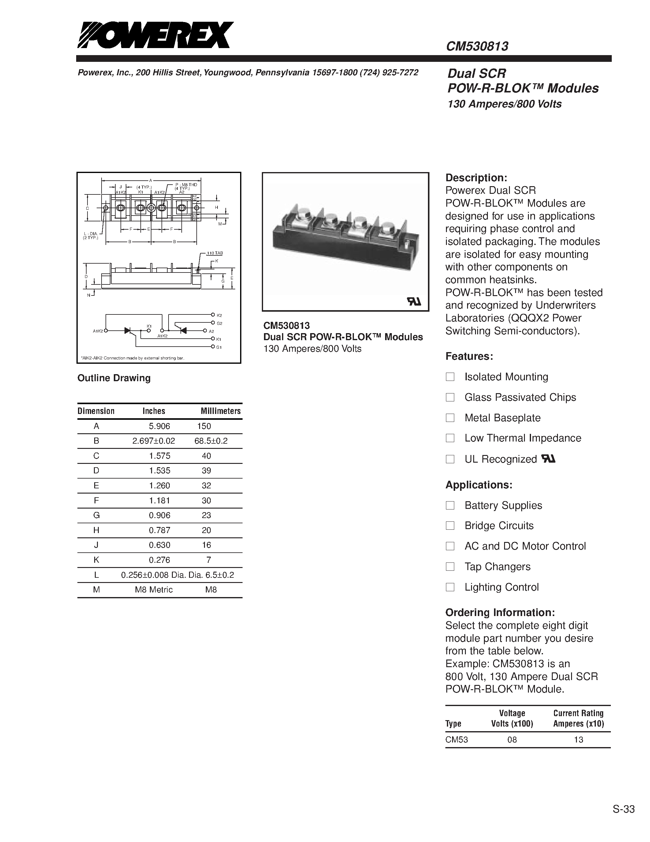 Даташит CM530813 - Dual SCR POW-R-BLOK Modules 130 Amperes/800 Volts страница 1