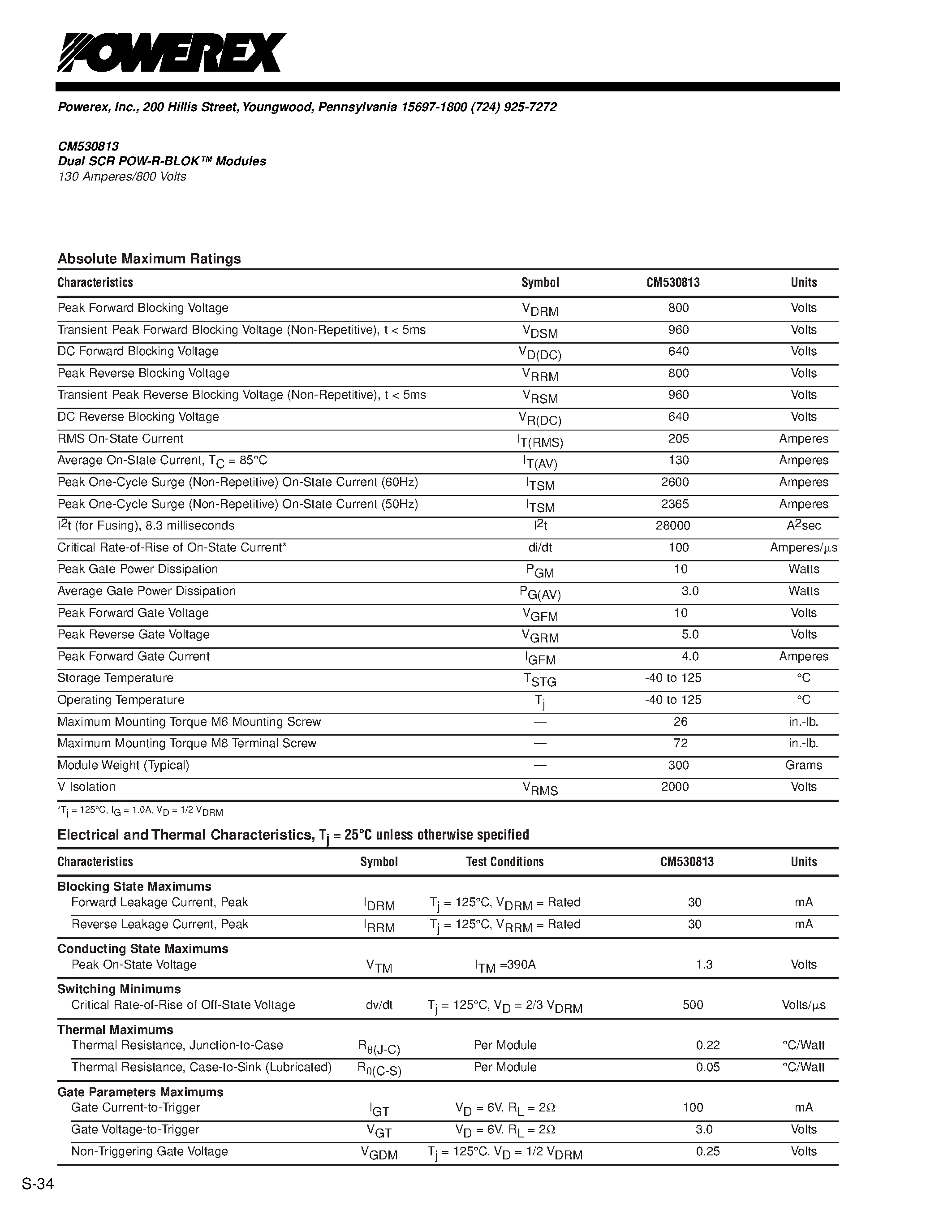 Даташит CM530813 - Dual SCR POW-R-BLOK Modules 130 Amperes/800 Volts страница 2