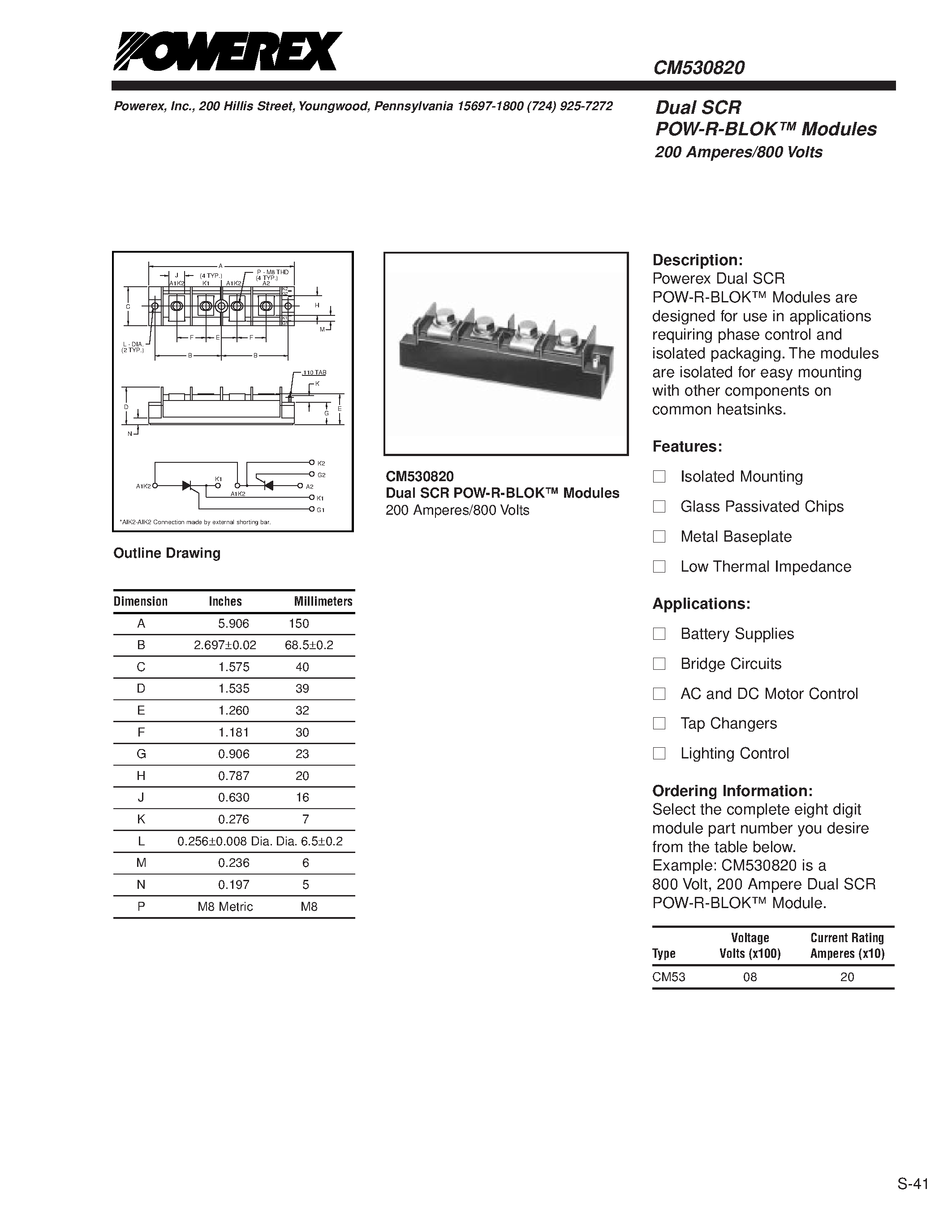 Даташит CM530820 - Dual SCR POW-R-BLOK Modules 200 Amperes/800 Volts страница 1