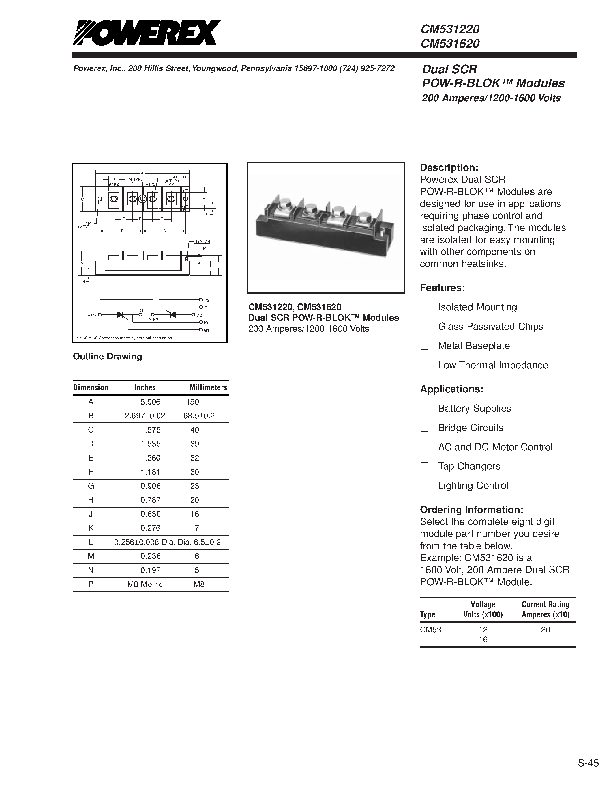 Даташит CM531220 - Dual SCR POW-R-BLOK Modules 200 Amperes/1200-1600 Volts страница 1