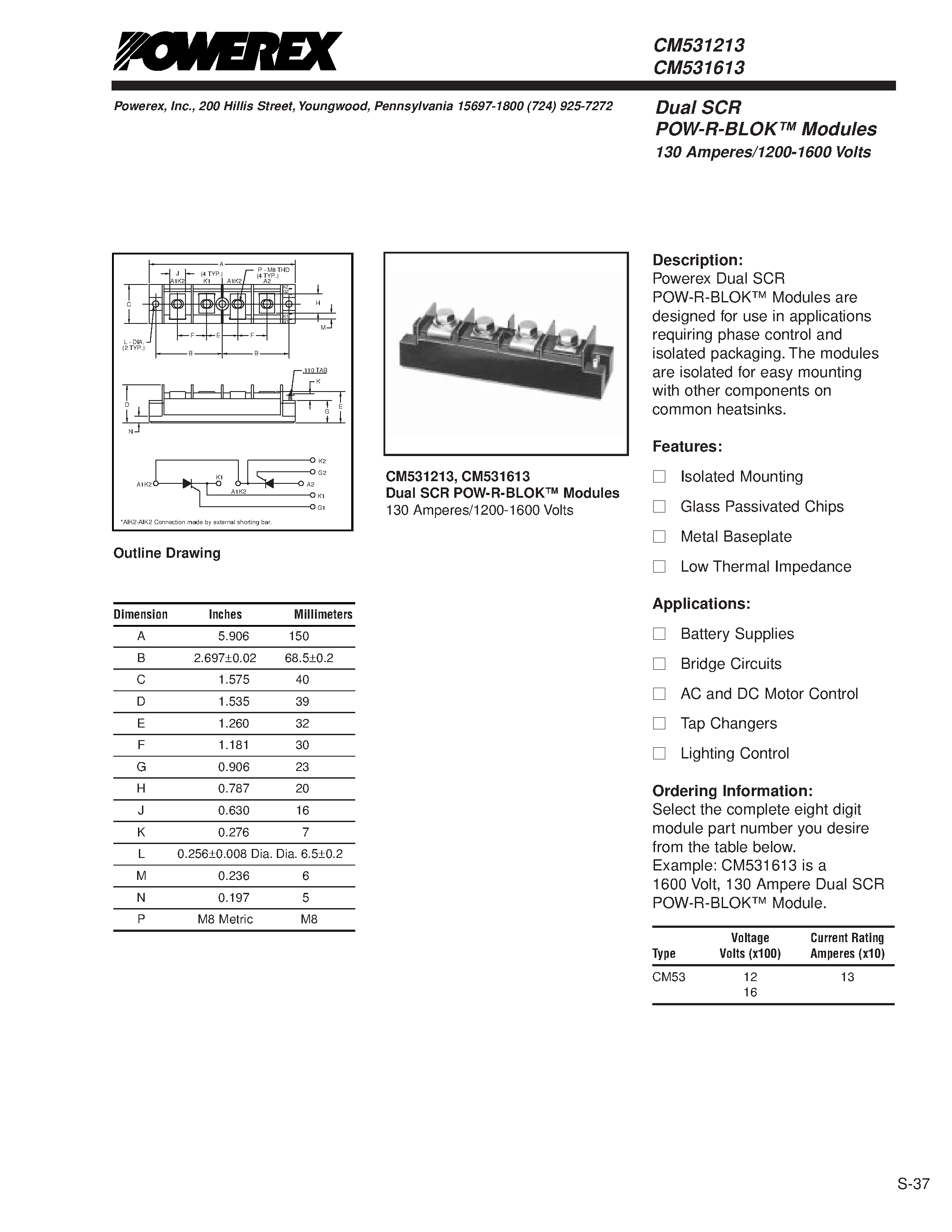 Даташит CM531613 - Dual SCR POW-R-BLOK Modules 200 Amperes/800 Volts страница 1