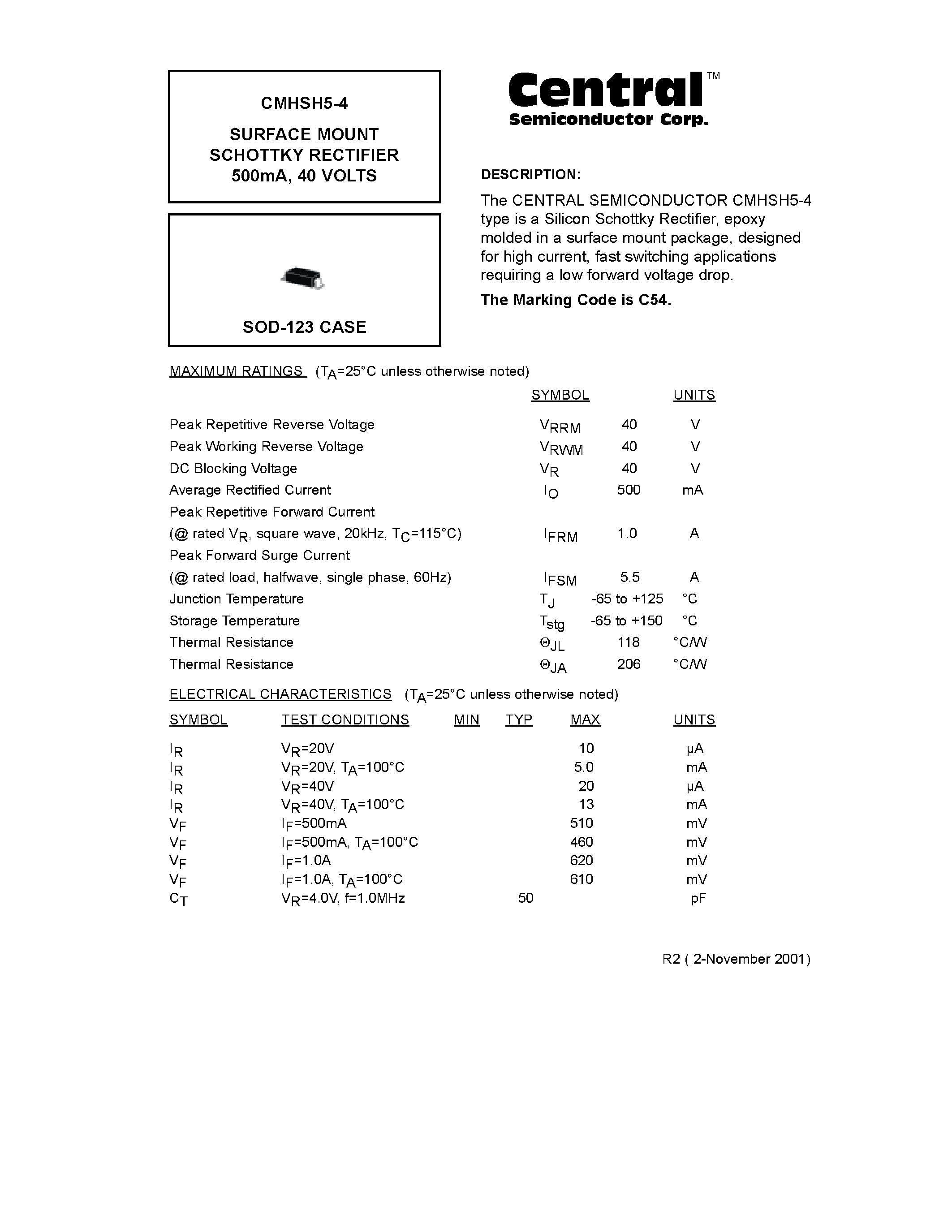 Даташит CMHSH5-4 - SURFACE MOUNT SCHOTTKY RECTIFIER 500mA/ 40 VOLTS страница 1