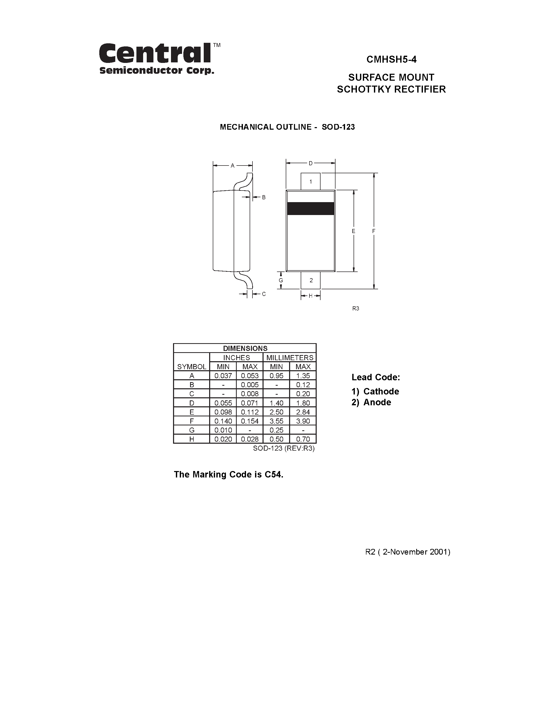 Даташит CMHSH5-4 - SURFACE MOUNT SCHOTTKY RECTIFIER 500mA/ 40 VOLTS страница 2