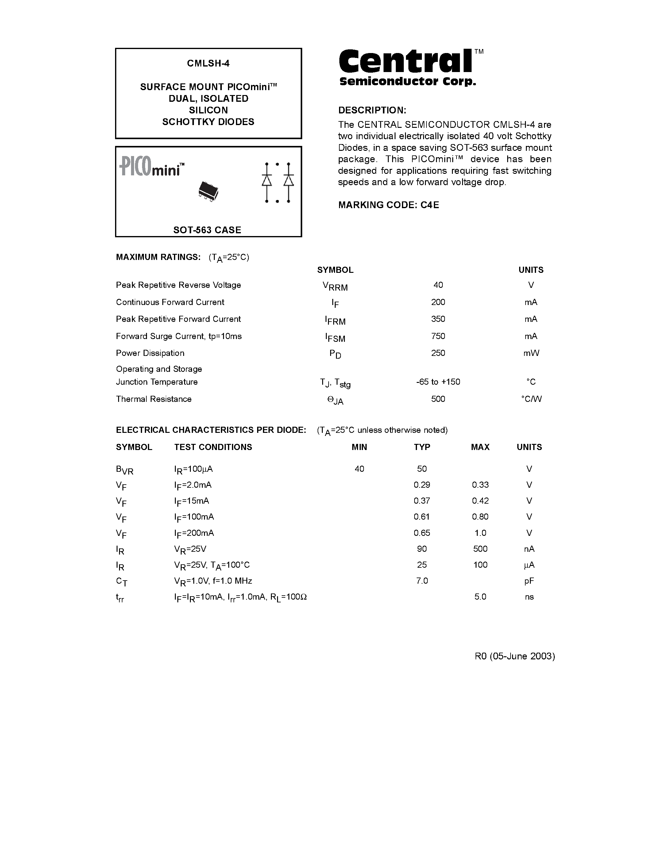 Даташит CMLSH-4 - SURFACE MOUNT PICOmini DUAL/ ISOLATED SILICON SCHOTTKY DIODES страница 1