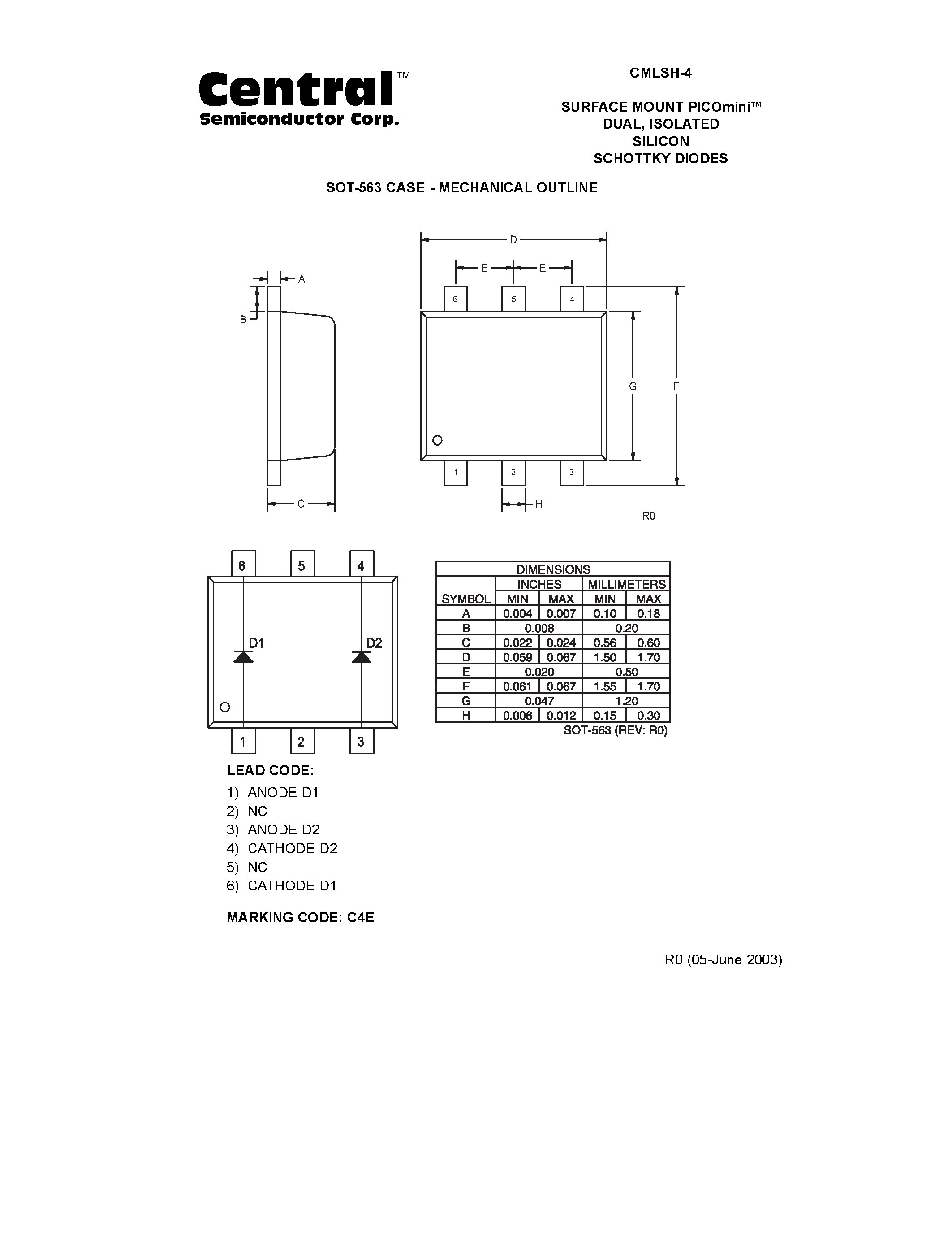 Даташит CMLSH-4 - SURFACE MOUNT PICOmini DUAL/ ISOLATED SILICON SCHOTTKY DIODES страница 2