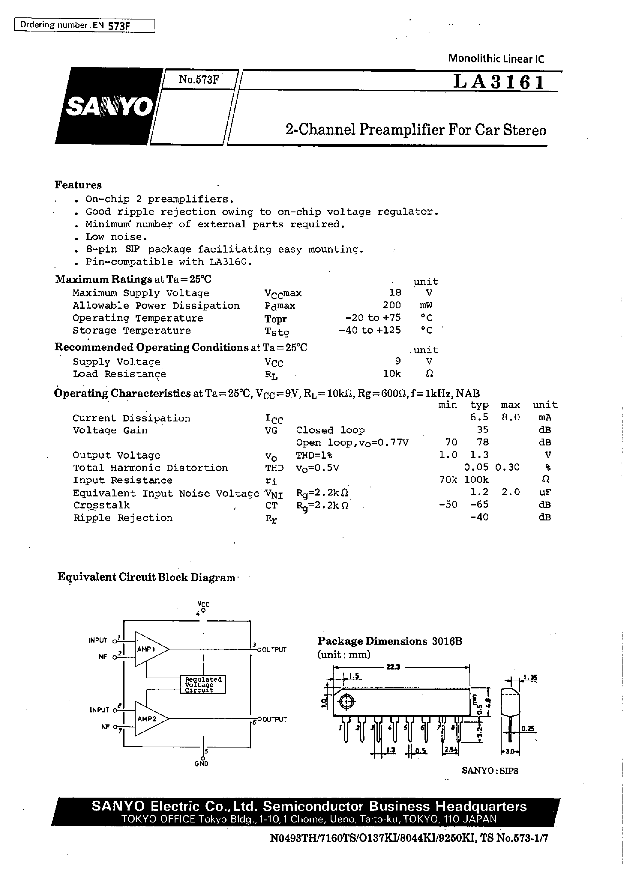 Даташит на микросхему LA3161 страница 1 Даташит LA3161 - 2-Channel Preamplifier For Car Stereo страница 1