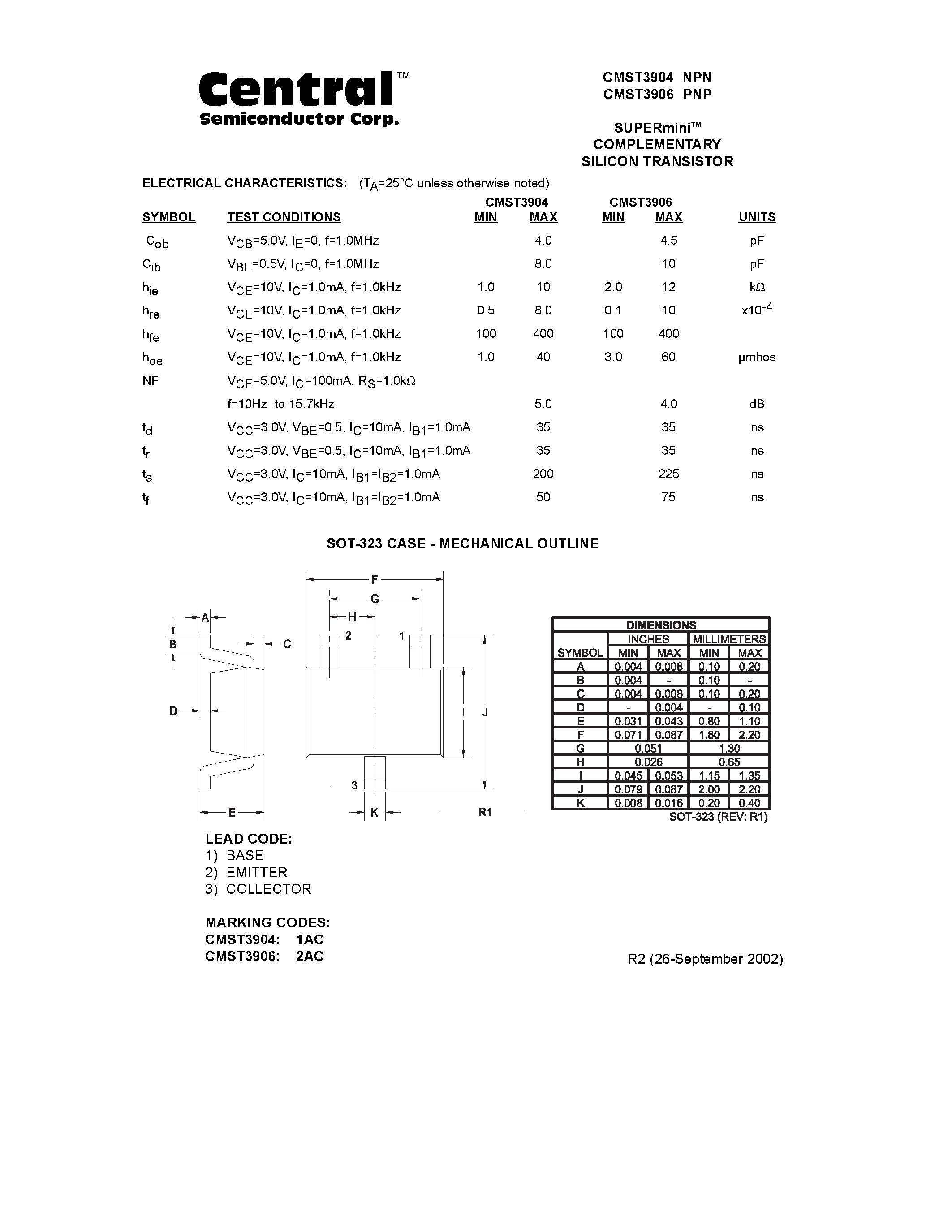 Даташит CMST3906 - The CENTRAL SEMICONDUCTOR CMST3904/ страница 2