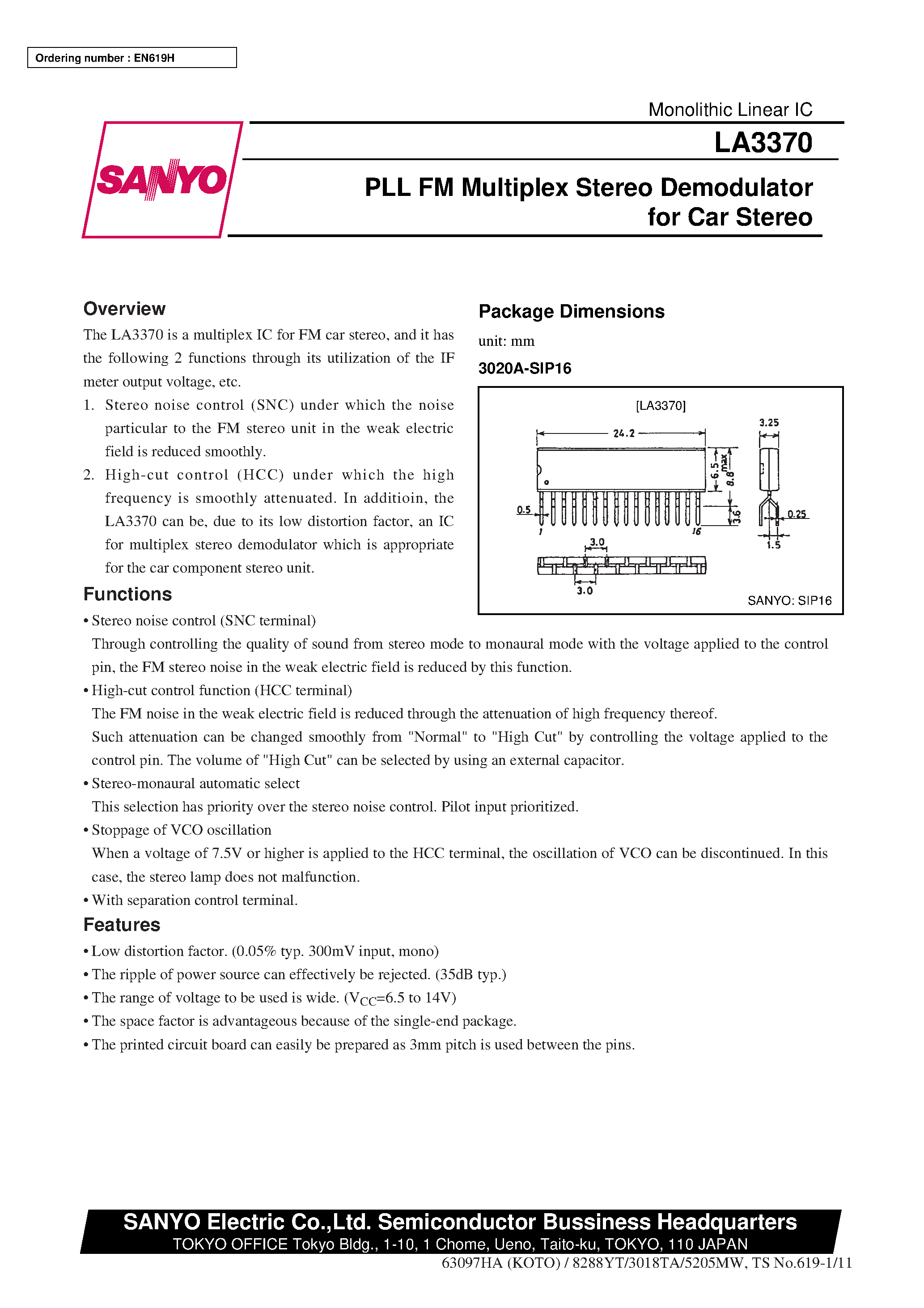 Даташит LA3370 - PLL FM Multiplex Stereo Demodulator for Car Stereo страница 1