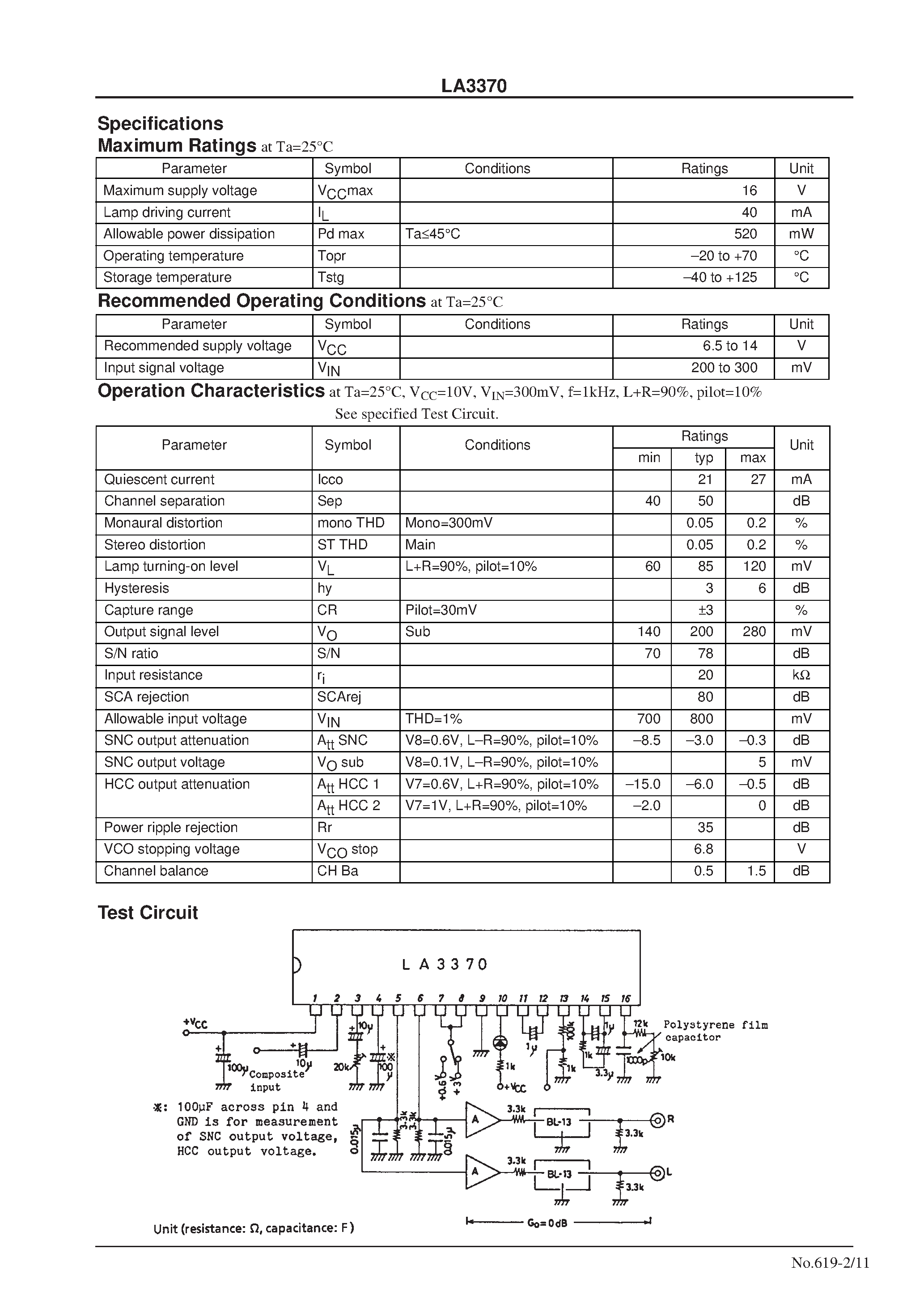 Даташит LA3370 - PLL FM Multiplex Stereo Demodulator for Car Stereo страница 2