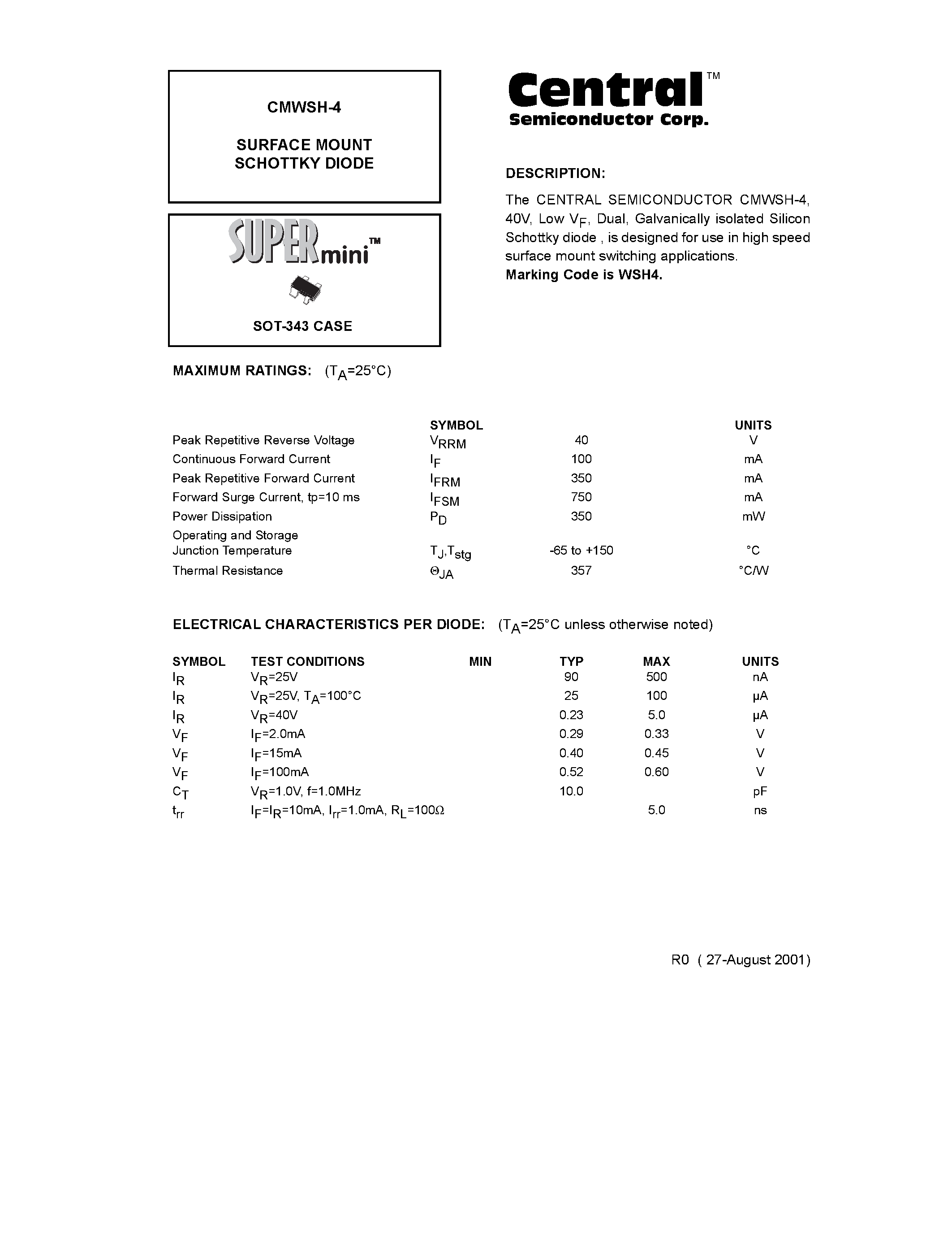 Даташит CMWSH-4 - SURFACE MOUNT SCHOTTKY DIODE страница 1