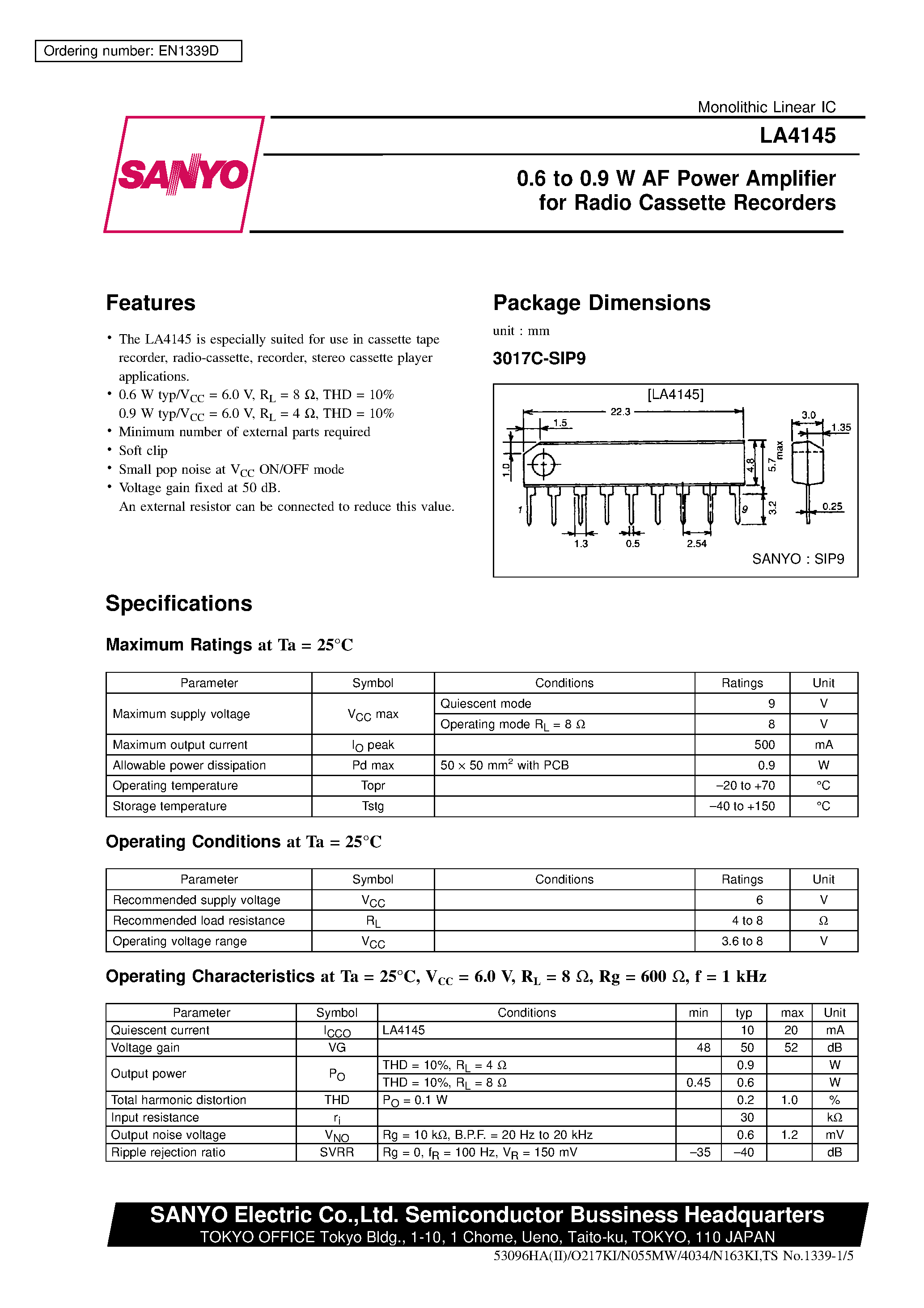 Даташит LA4145 - 0.6 to 0.9 W AF Power Amplifier for Radio Cassette Recorders страница 1