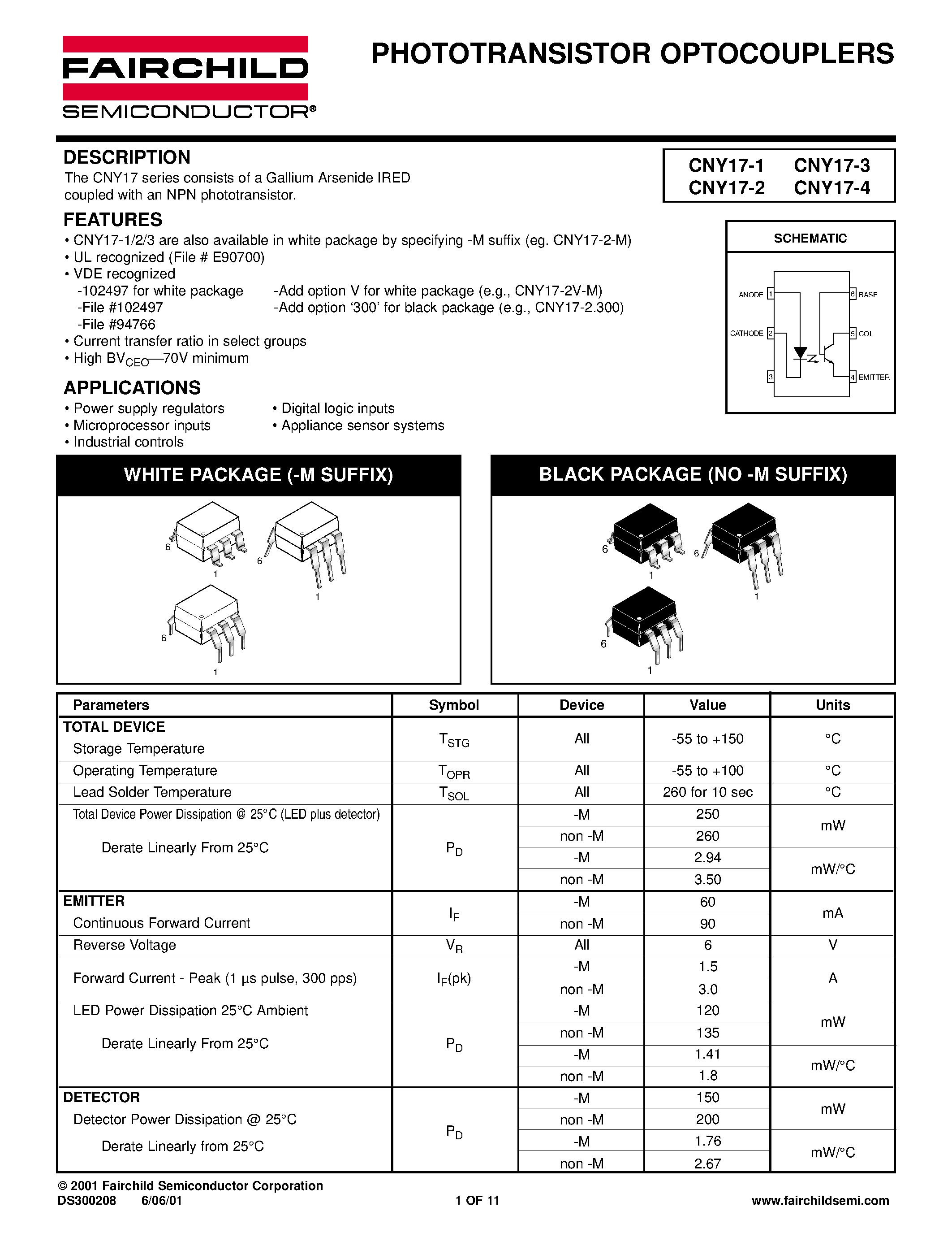 Даташит CNY17-4 - PHOTOTRANSISTOR OPTOCOUPLERS страница 1