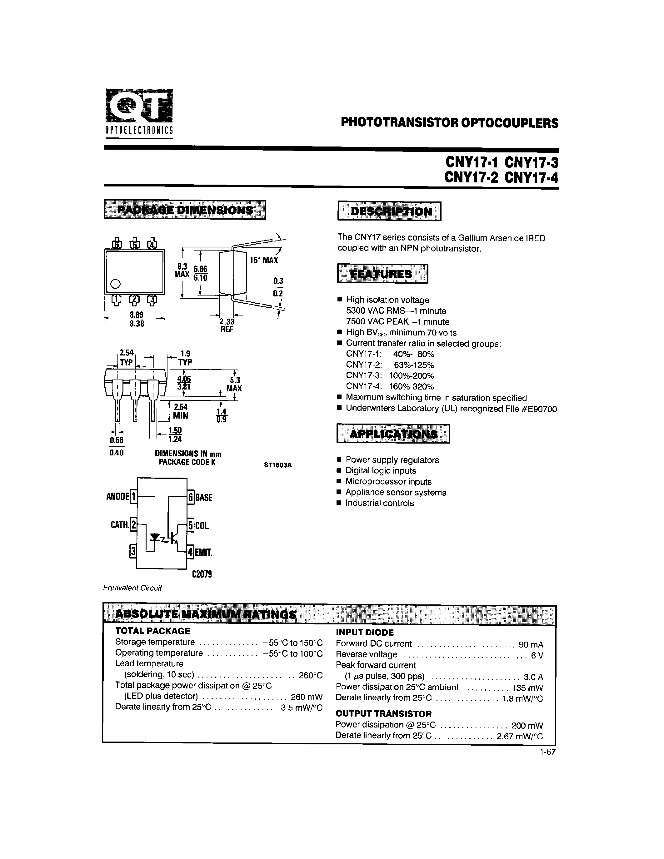 Даташит CNY17-4 - PHOTOTRANSISTOR OPTOCOUPLERS страница 1