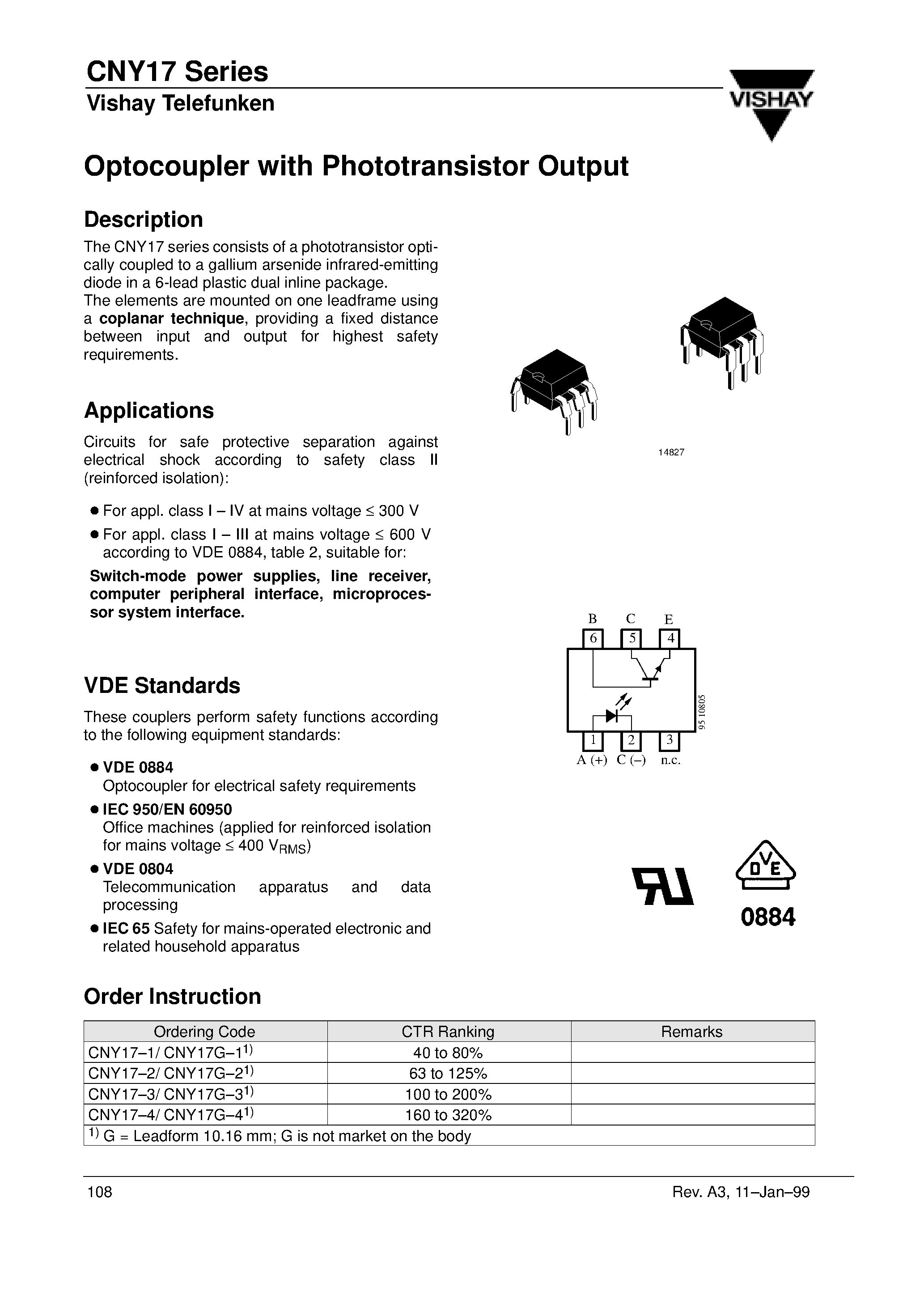 Даташит CNY17-4 - Optocoupler with Phototransistor Output страница 1