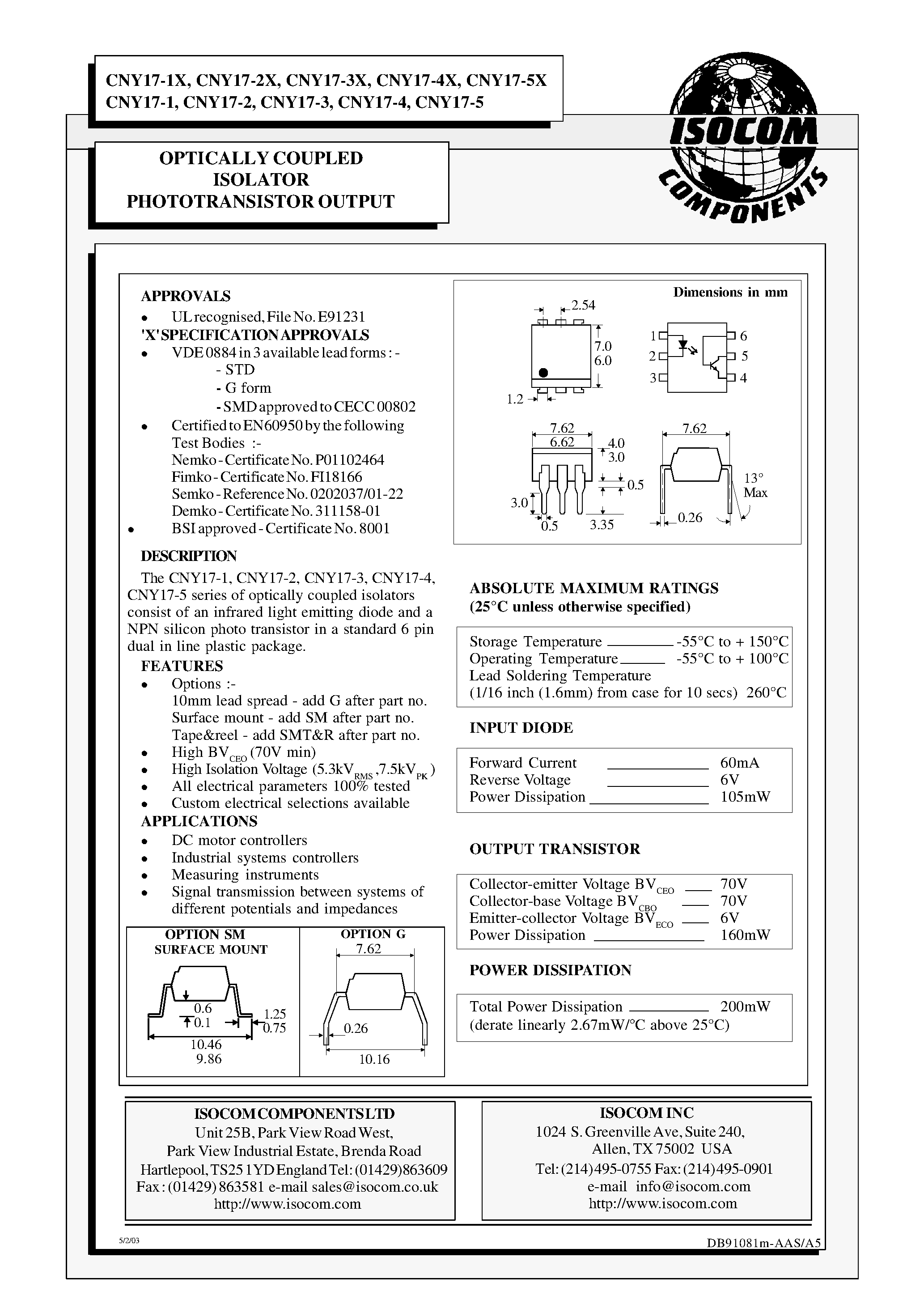 Даташит CNY17-4 - OPTICALLY COUPLED ISOLATOR PHOTOTRANSISTOR OUTPUT страница 1