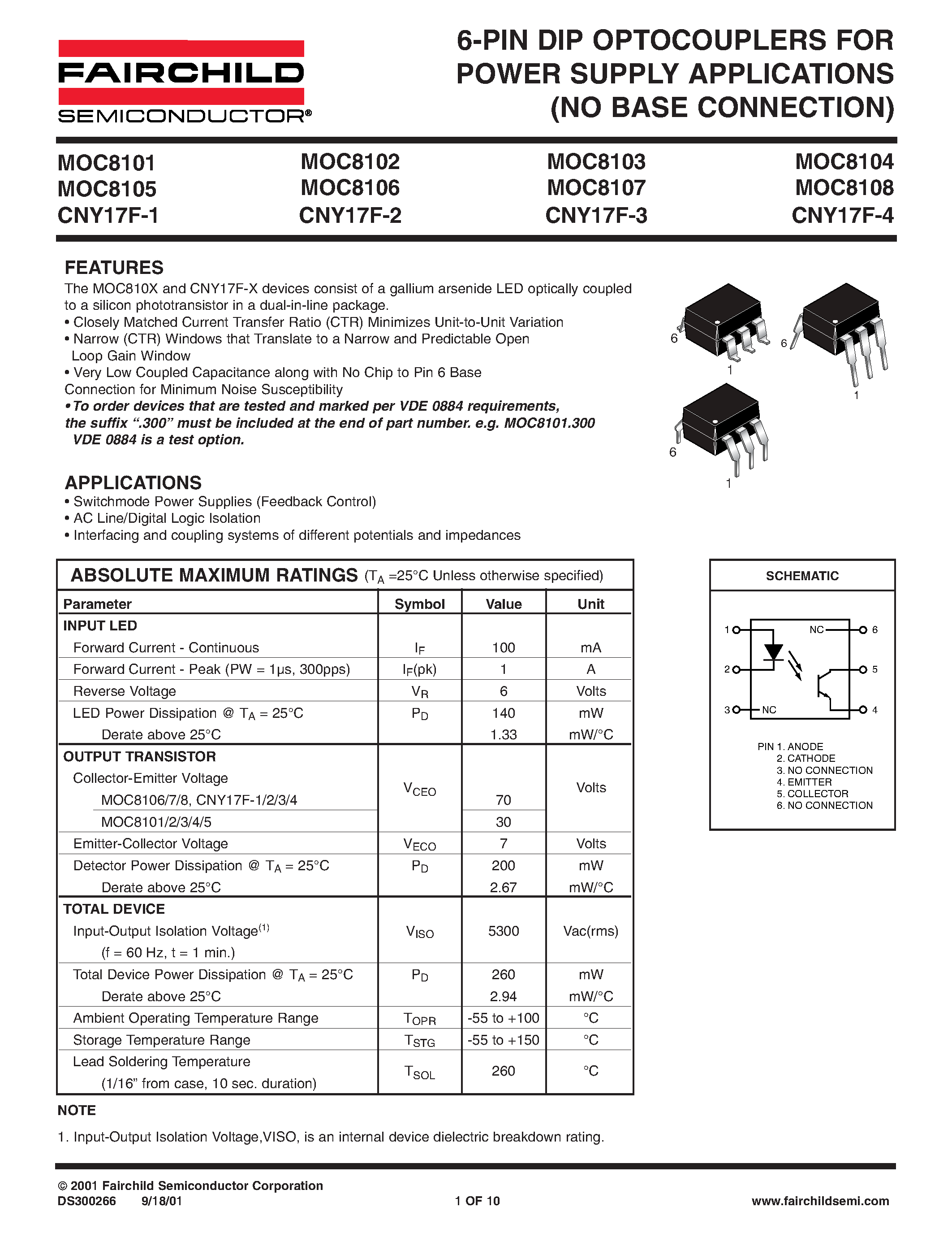 Даташит CNY17F-4 - 6-PIN DIP OPTOCOUPLERS FOR POWER SUPPLY APPLICATIONS (NO BASE CONNECTION) страница 1