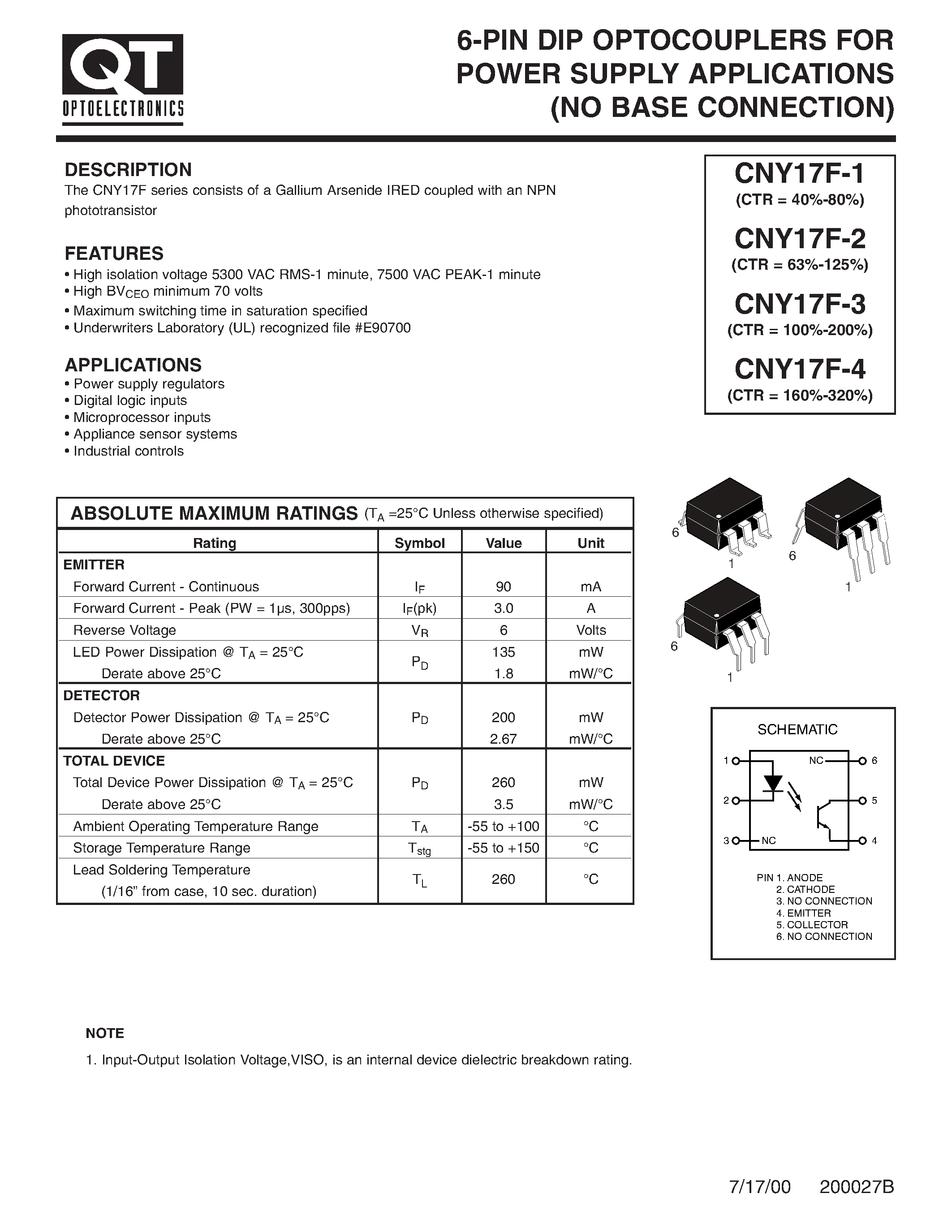 Даташит CNY17F-4 - 6-PIN DIP OPTOCOUPLERS FOR POWER SUPPLY APPLICATIONS страница 1