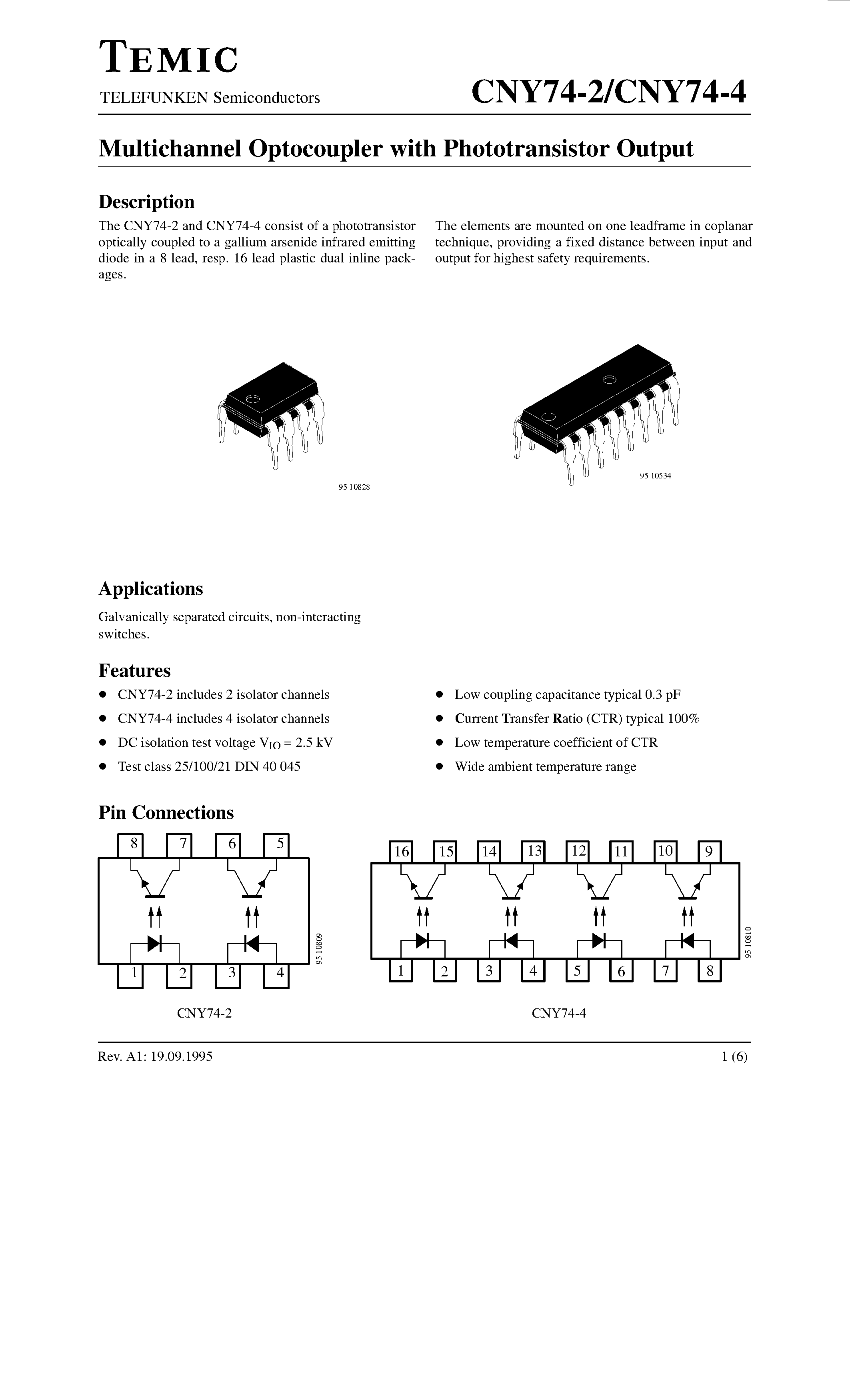 Даташит CNY74-4 - Multichannel Optocoupler with Phototransistor Output страница 1