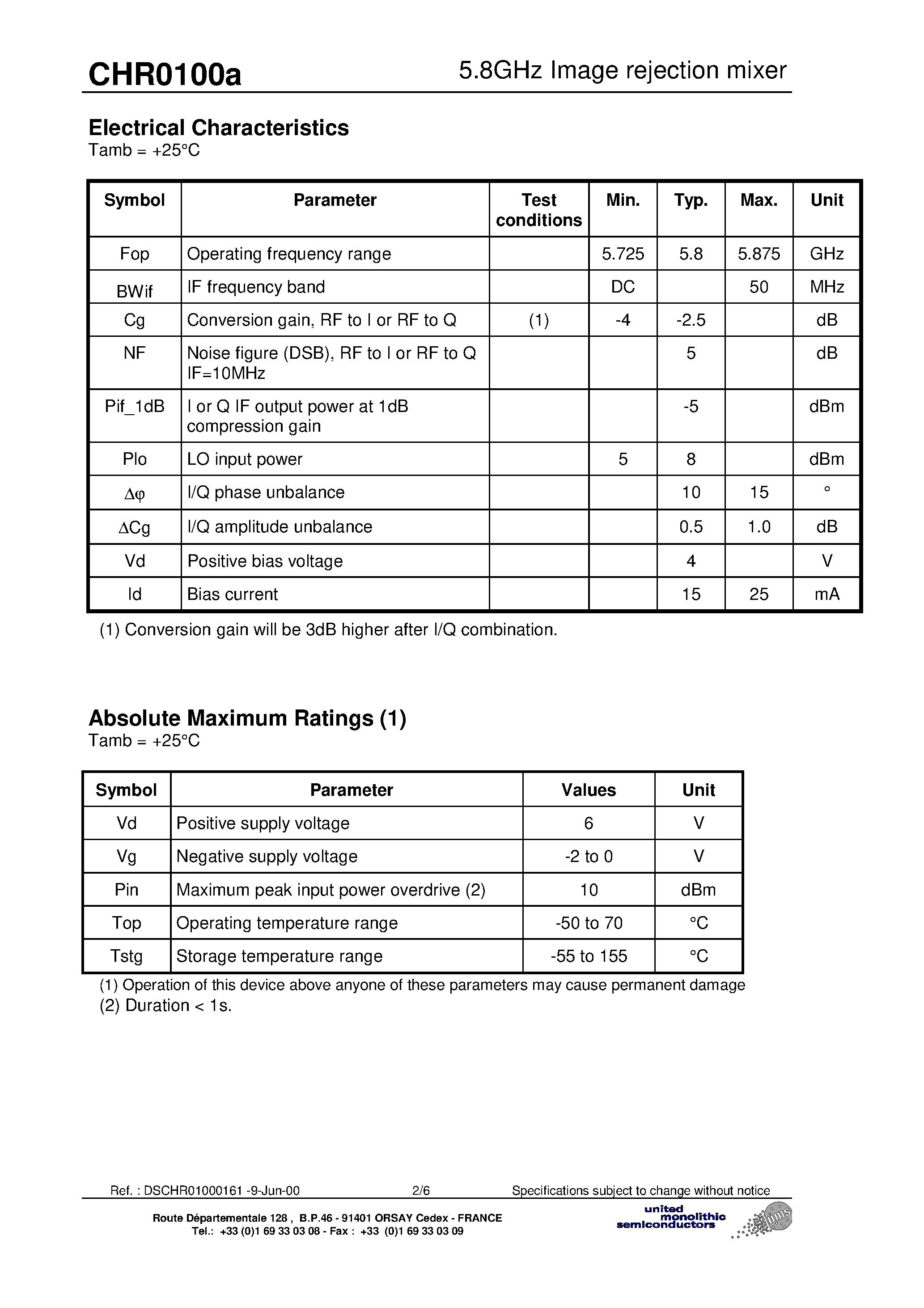 Даташит CHR0100A - 5.8GHz I/Q Mixer страница 2