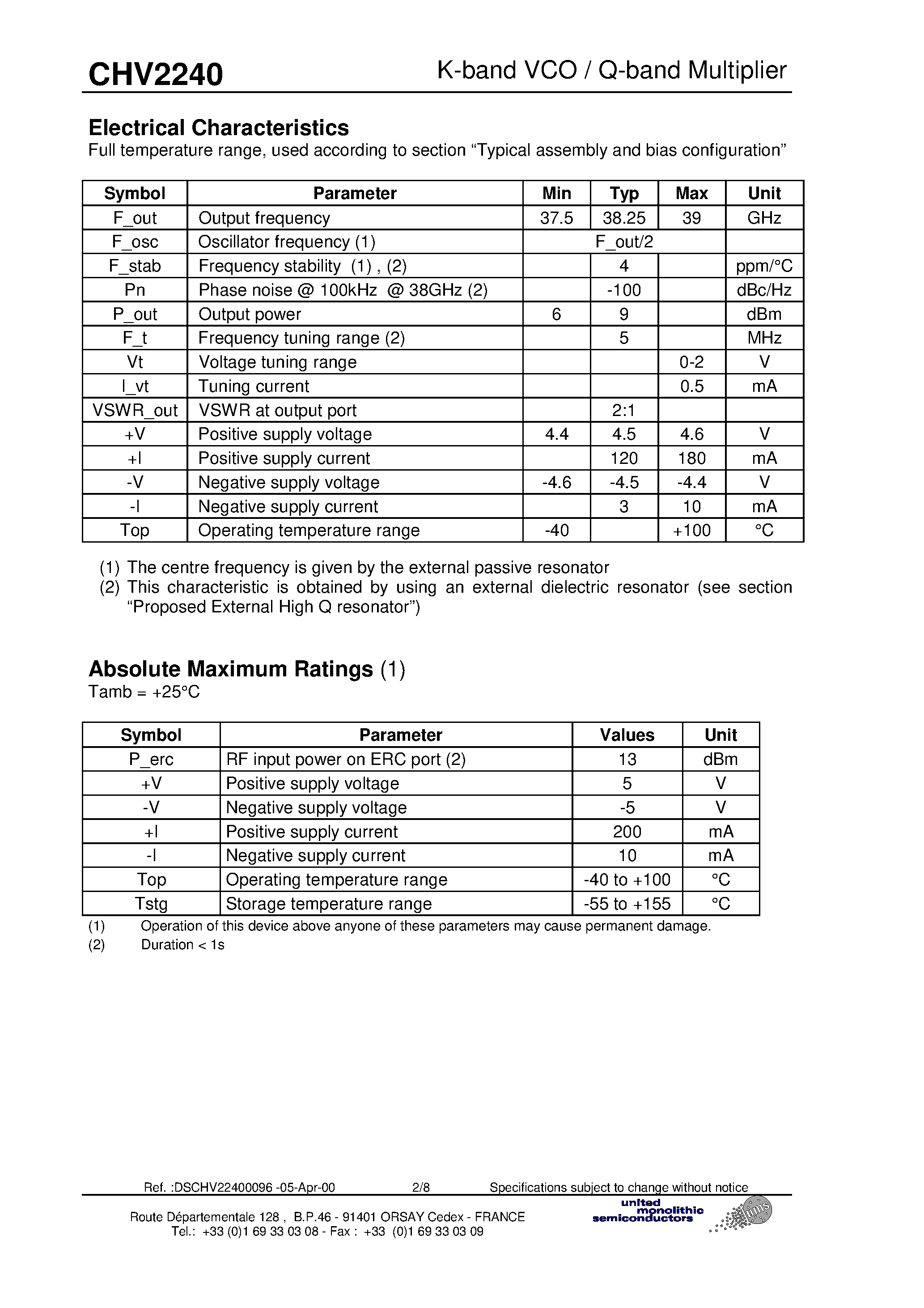 Даташит CHV2240 - Multifunction : K-band VCO and Q-band Multiplier страница 2