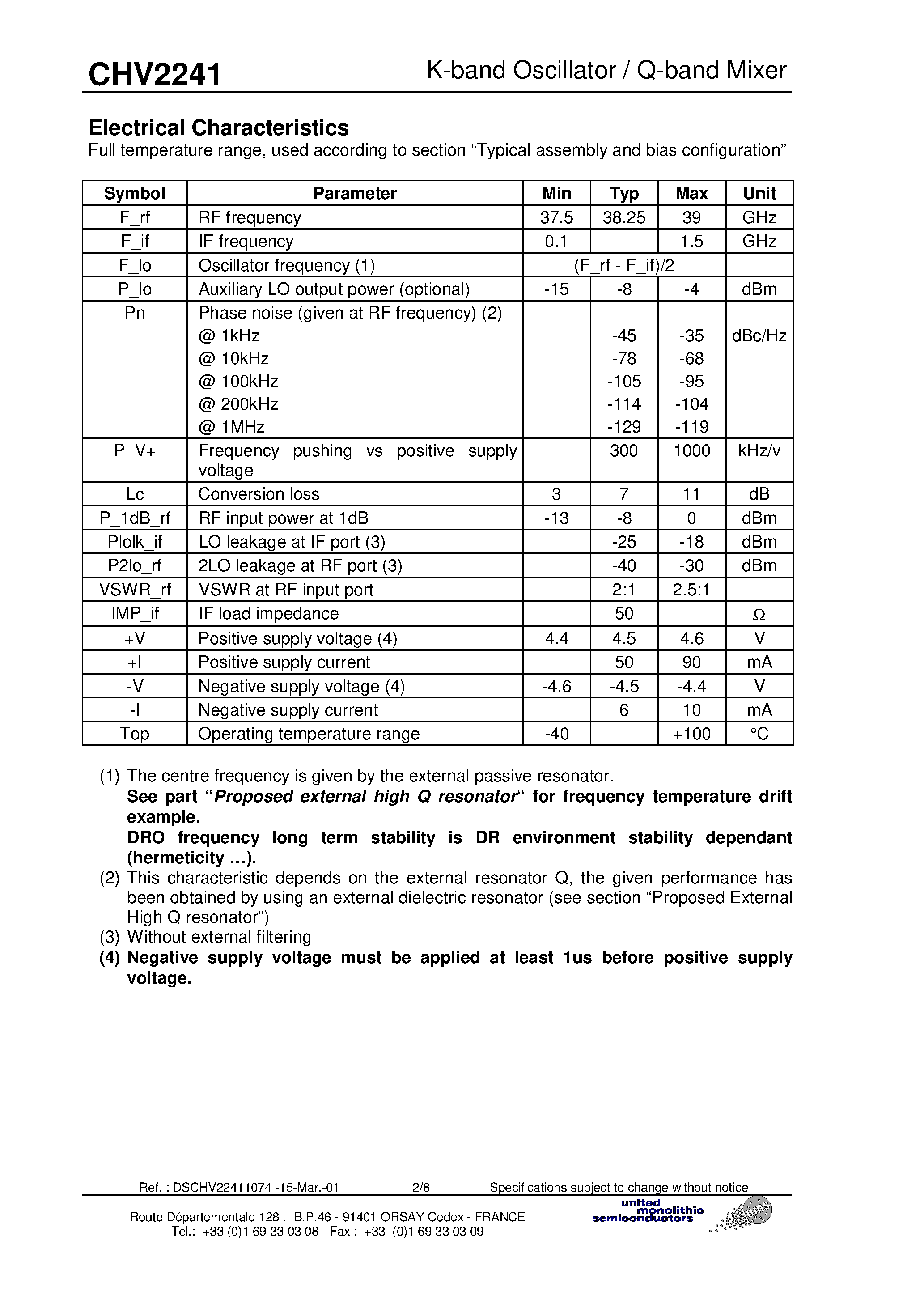 Даташит CHV2241 - K-band Oscillator with integrated Q-band Harmonic Mixer страница 2