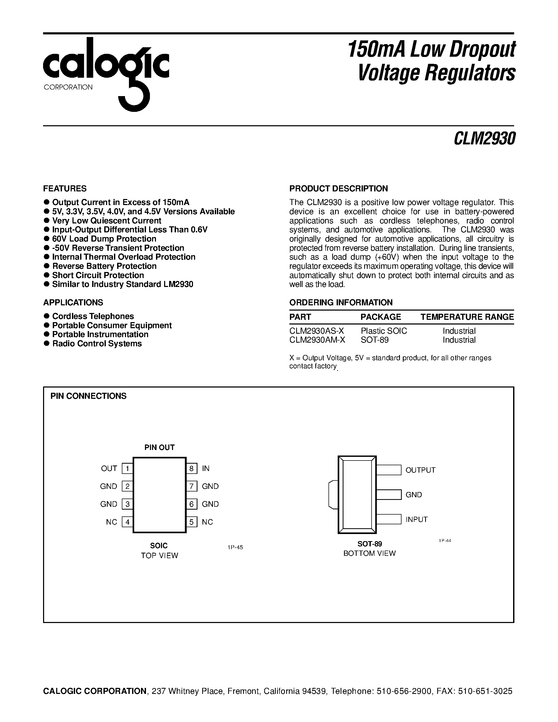 Даташит CLM2930-4 - 150mA Low Dropout Voltage Regulators страница 1